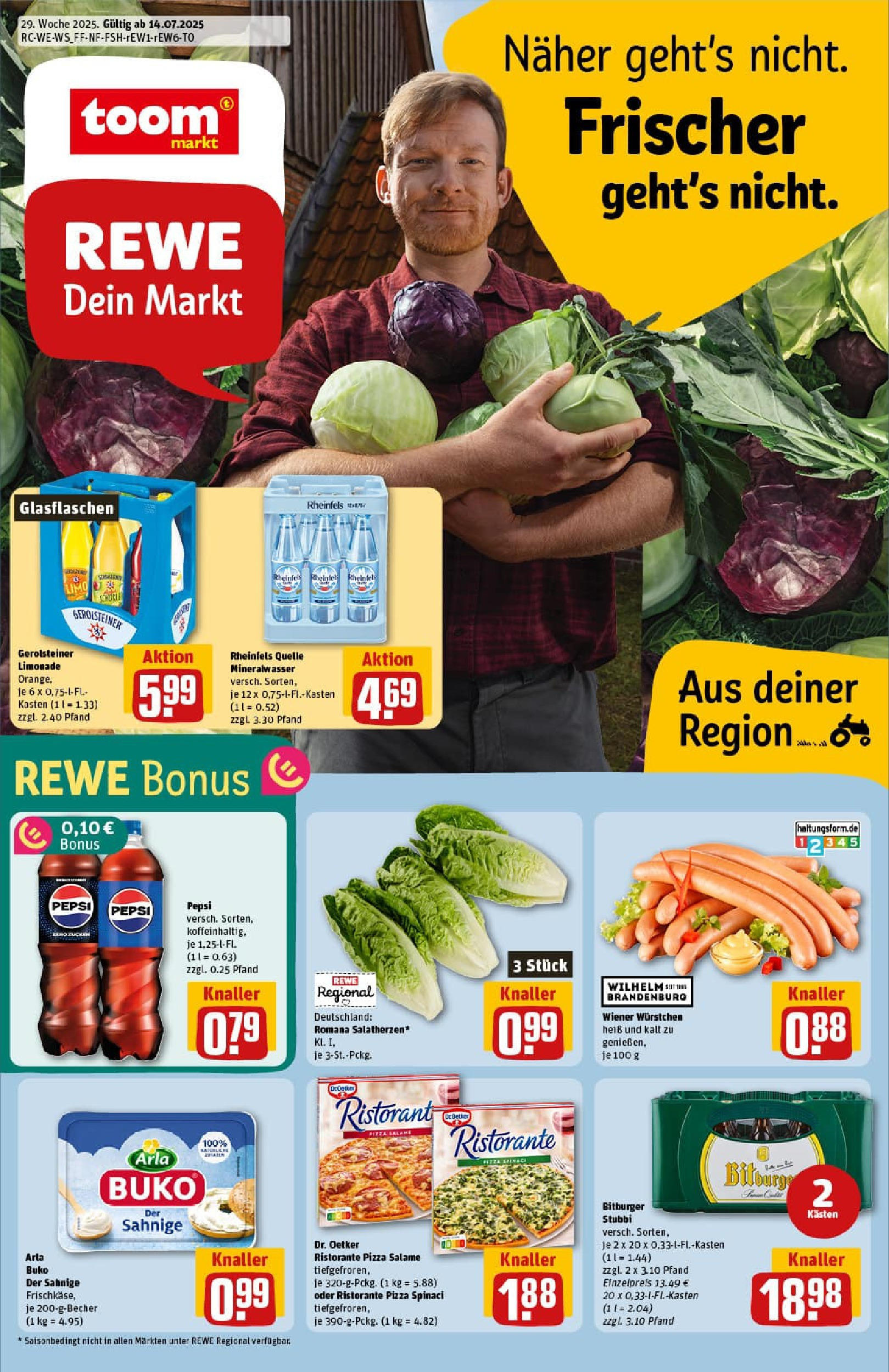 REWE Prospekt ab 14.07.2025 zum Blättern » Angebote | Seite: 1 | Produkte: Cola, Arla buko, Pepsi, Rheinfels quelle