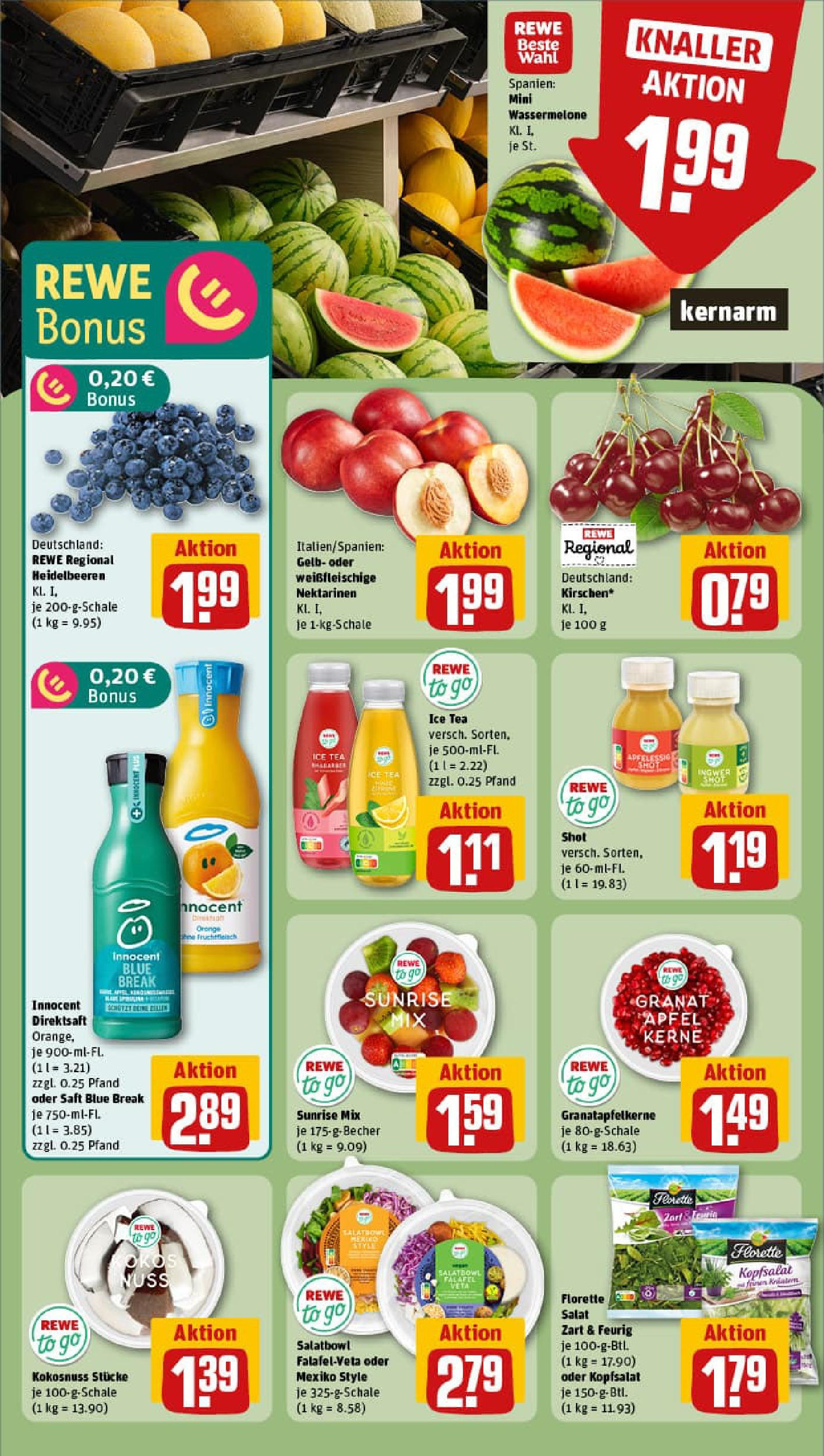REWE Prospekt ab 14.07.2025 zum Blättern » Angebote | Seite: 4 | Produkte: Nektarinen, Heidelbeeren, Wassermelone, Salat
