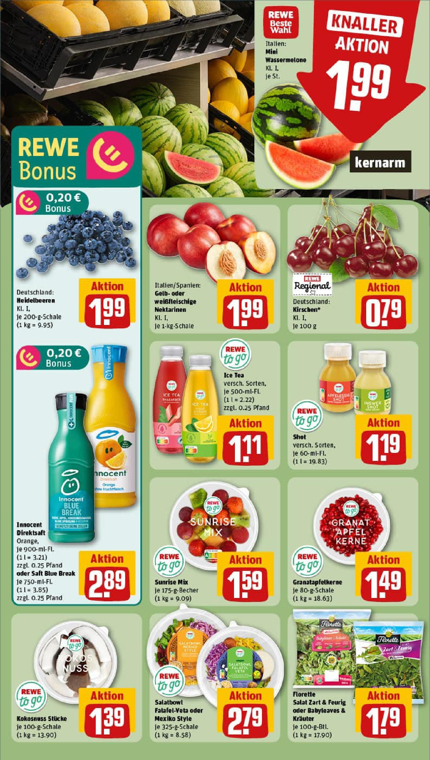 REWE Prospekt ab 13.07.2025 zum Blättern » Angebote | Seite: 4 | Produkte: Heidelbeeren, Wassermelone, Saft, Salat