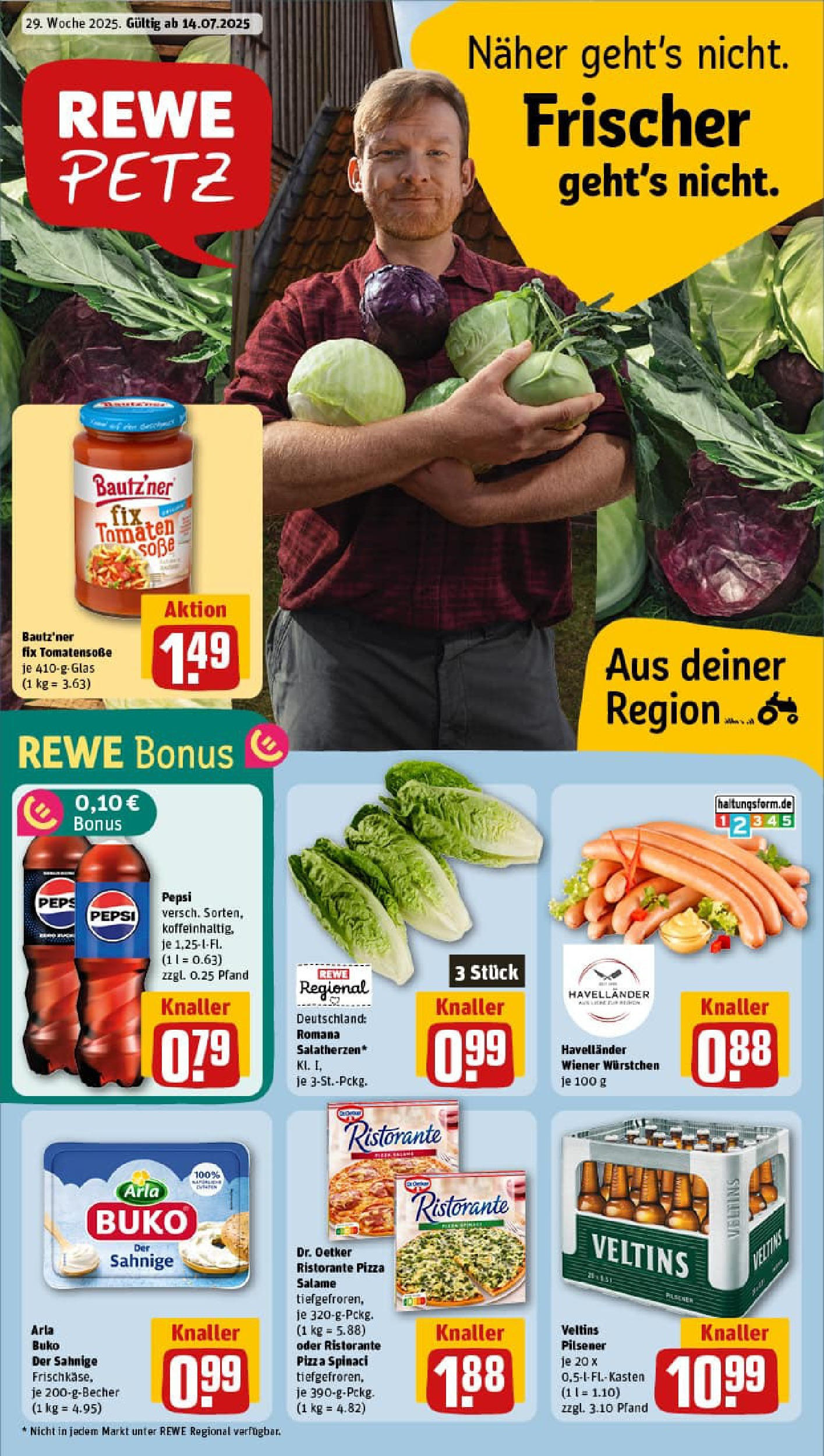REWE Prospekt ab 13.07.2025 zum Blättern » Angebote | Seite: 1 | Produkte: Wiener wurstchen, Arla buko, Pepsi, Veltins
