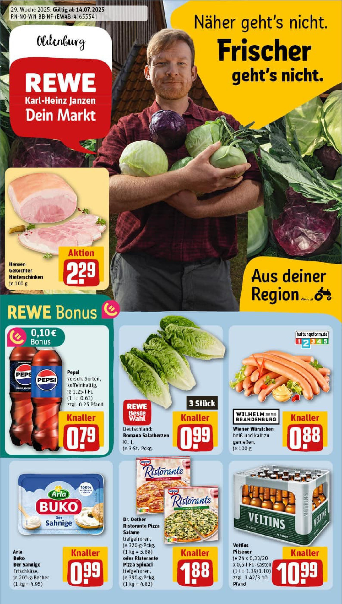 REWE Prospekt ab 13.07.2025 zum Blättern » Angebote | Seite: 1 | Produkte: Wiener wurstchen, Cola, Arla buko, Pepsi