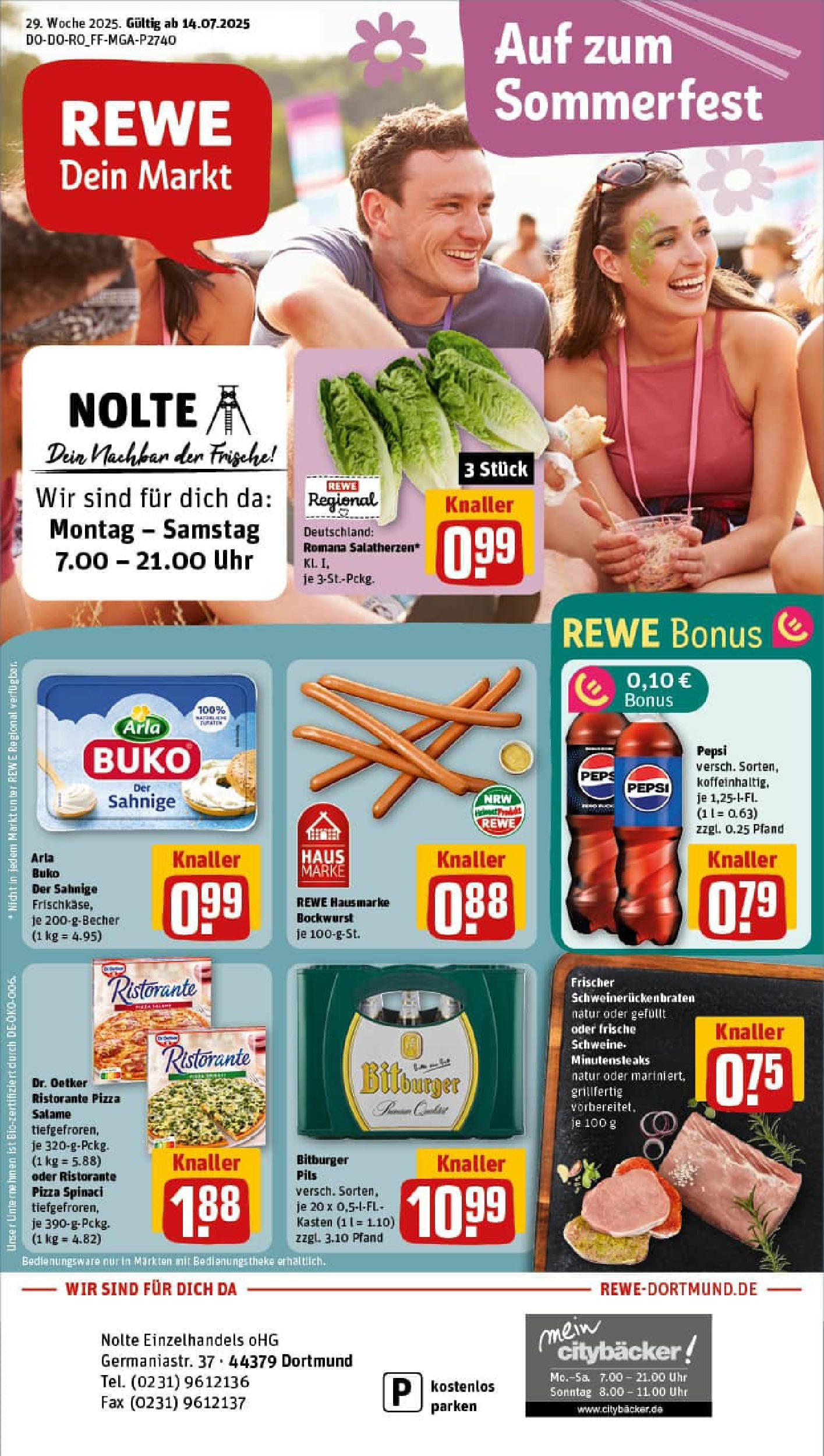 REWE Prospekt ab 14.07.2025 zum Blättern » Angebote | Seite: 1 | Produkte: Bockwurst, Bitburger, Arla buko, Pizza