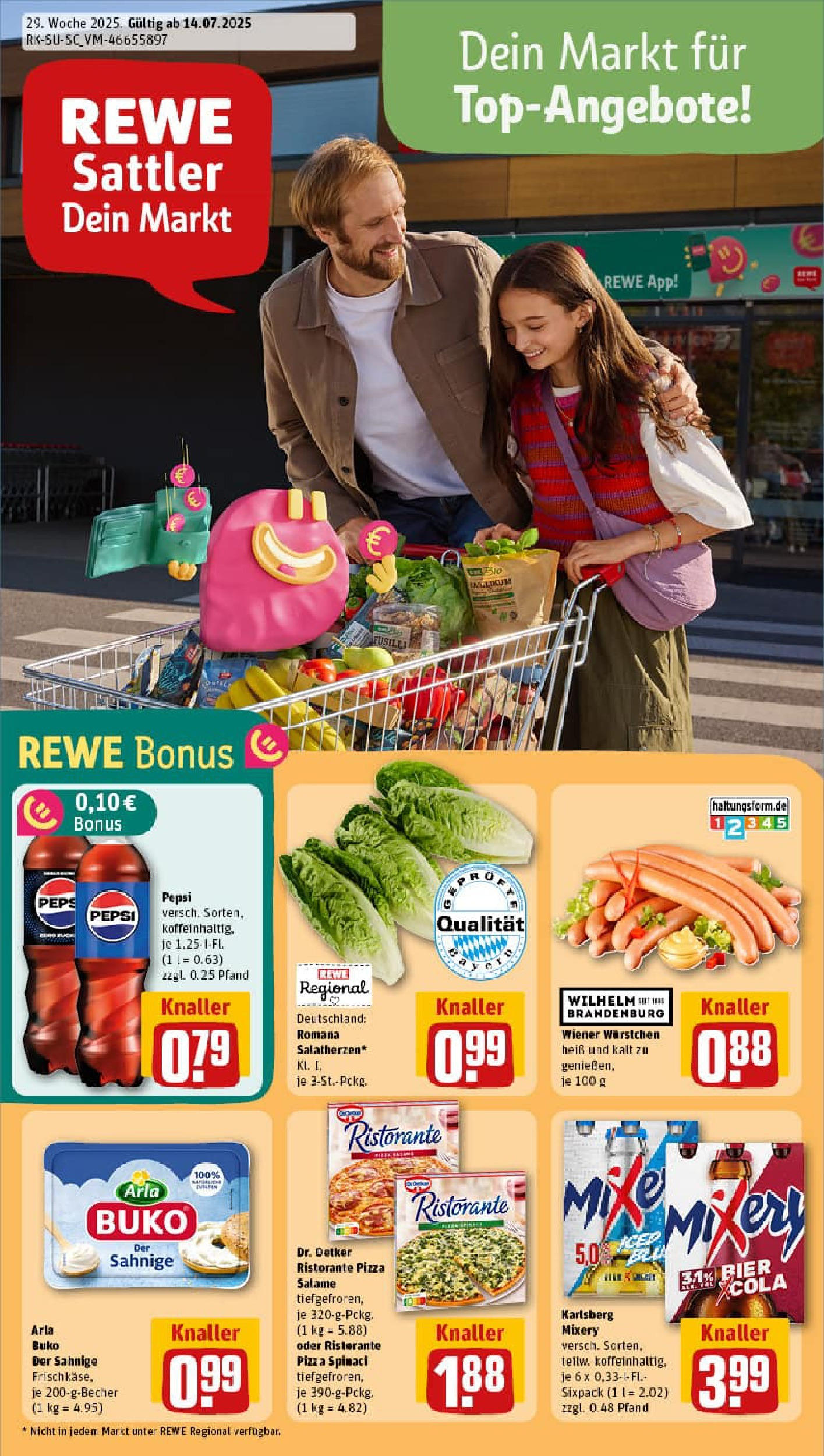 REWE Prospekt ab 13.07.2025 zum Blättern » Angebote | Seite: 1 | Produkte: Wiener wurstchen, Bier, Pizza, Mixery