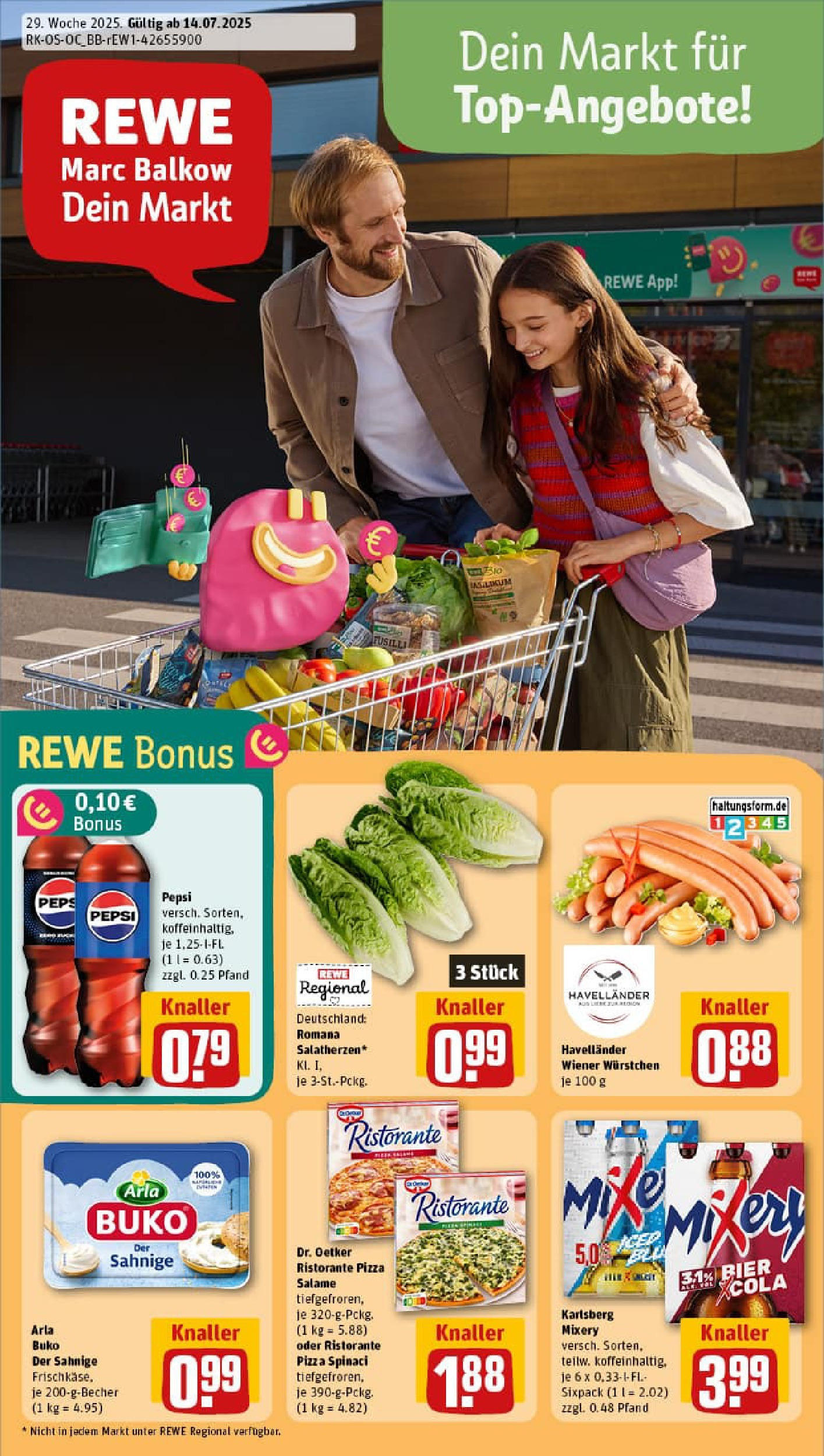 REWE Prospekt ab 13.07.2025 zum Blättern » Angebote | Seite: 1 | Produkte: Wiener wurstchen, Bier, Pizza, Mixery