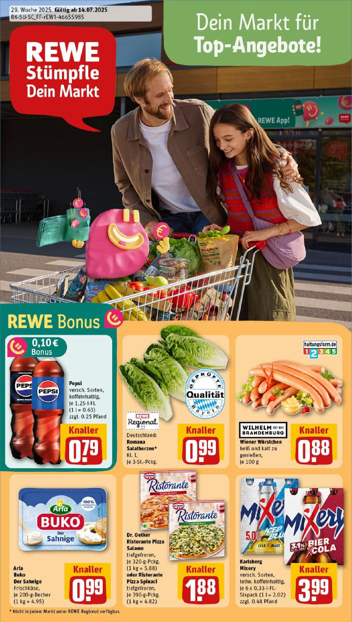 REWE Prospekt ab 13.07.2025 zum Blättern » Angebote | Seite: 1 | Produkte: Bier, Arla buko, Pepsi, Mixery