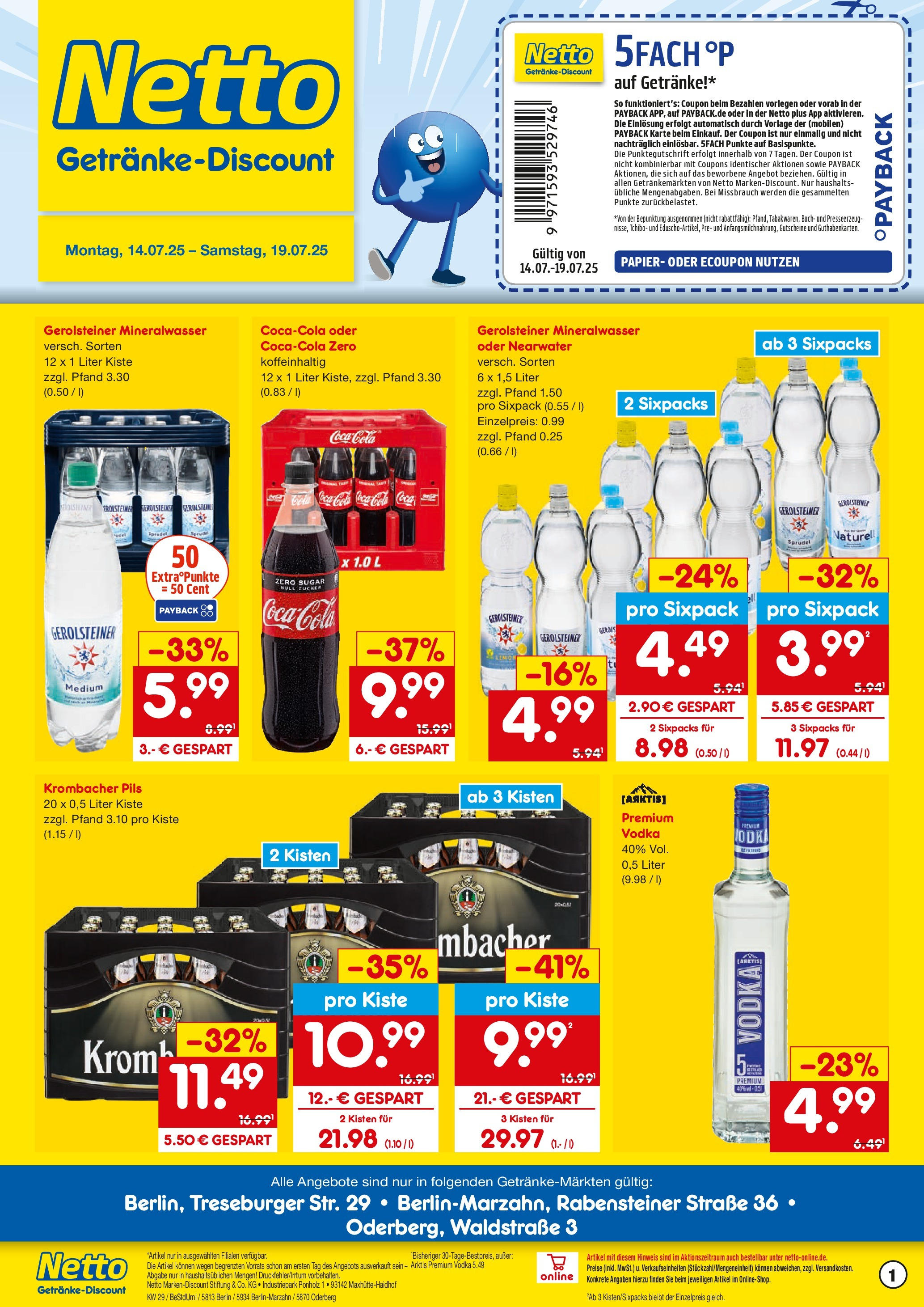 Netto Marken-Discount prospekt Berlin	 (ab 13.07.2025) » Angebote | Seite: 1 | Produkte: Pils, Mineralwasser, Krombacher, Vodka