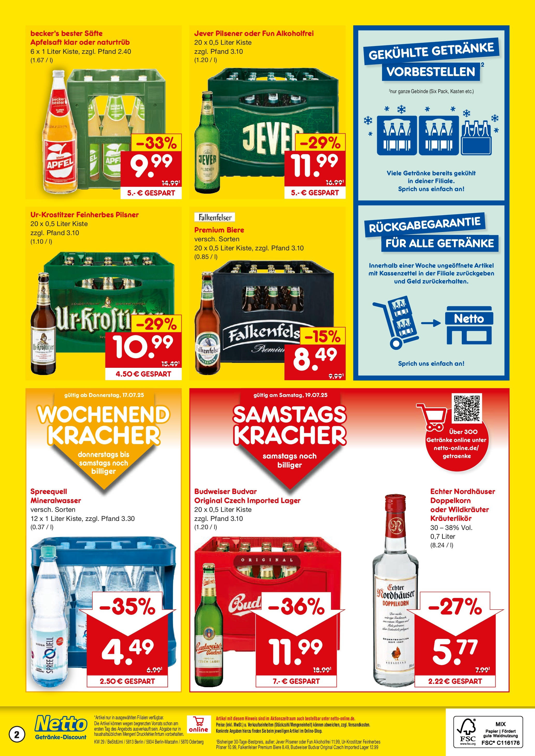 Netto Marken-Discount prospekt Berlin	 (ab 13.07.2025) » Angebote | Seite: 2 | Produkte: Apfelsaft, Mineralwasser, Jever, Budweiser