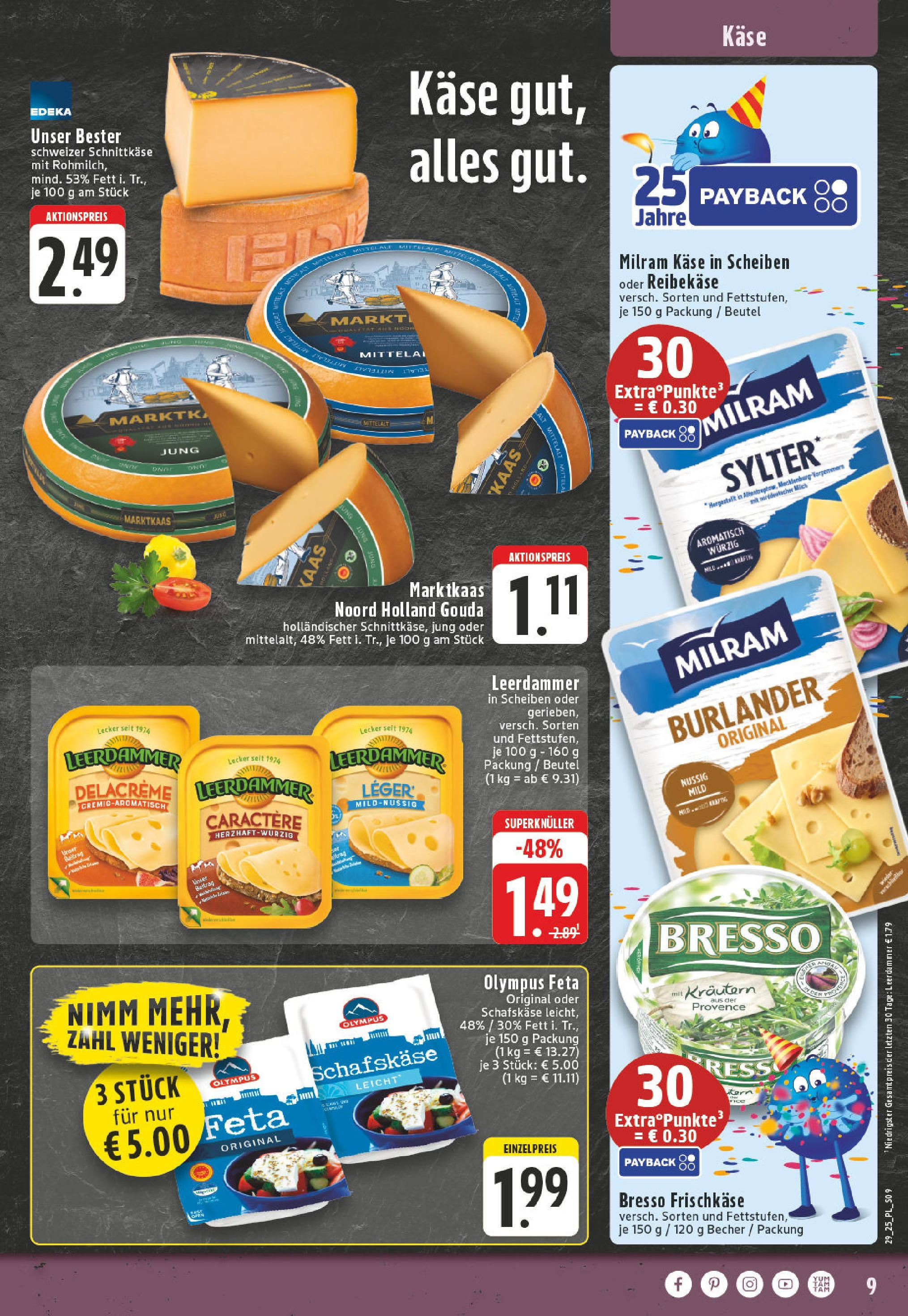 Edeka prospekt Bad Sassendorf	 (ab 13.07.2025) » Angebote Online | Seite: 9 | Produkte: Leerdammer, Milram, Reibekase, Frischkase