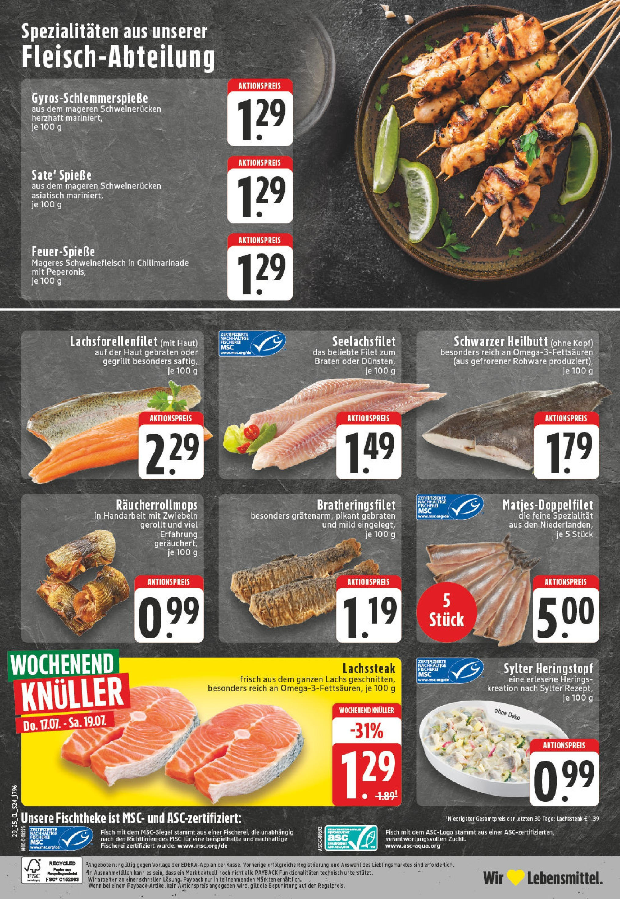 Edeka prospekt Verl	 (ab 13.07.2025) » Angebote Online | Seite: 24 | Produkte: Spieße, Lachs, Schweinerucken, Steak