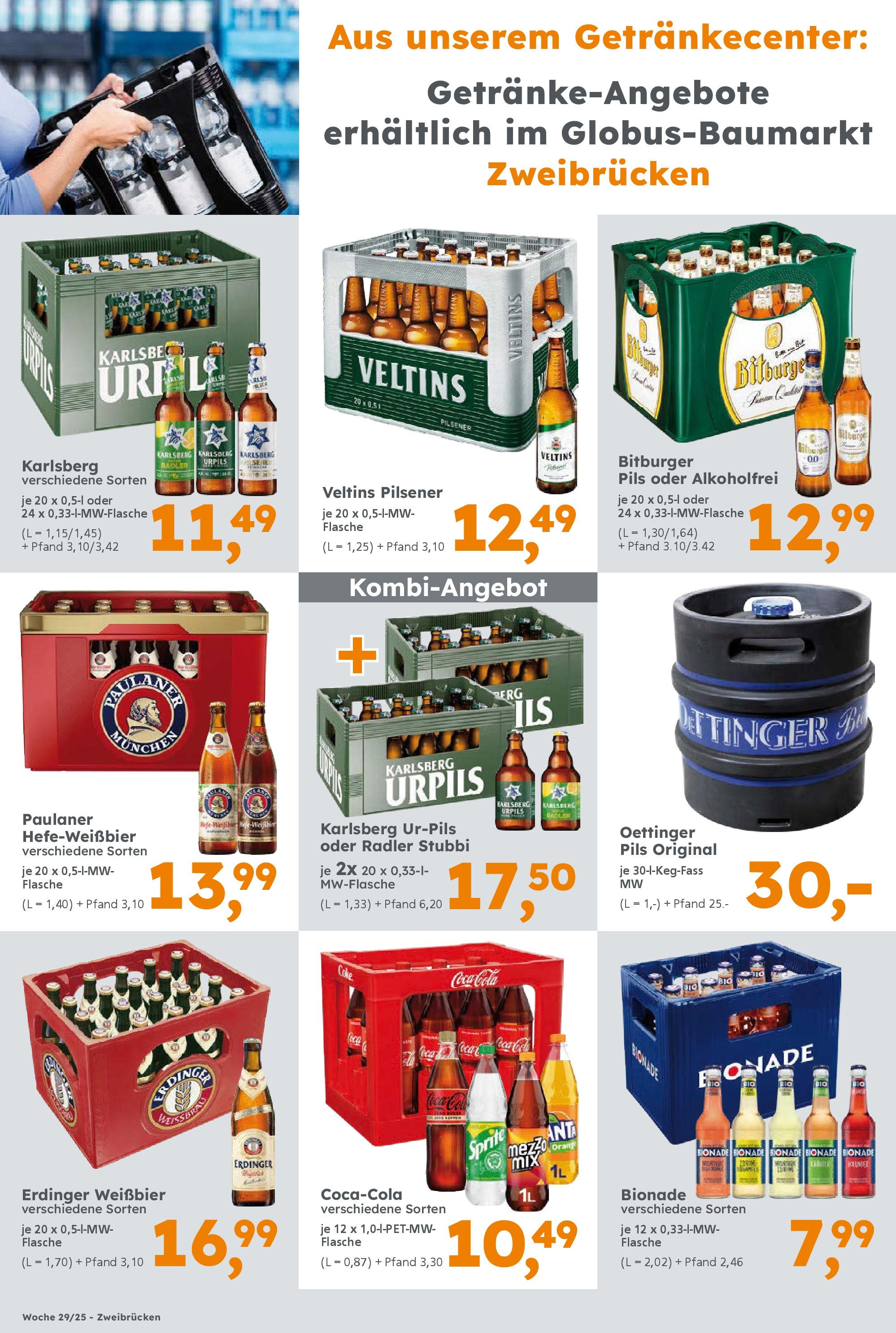 Globus Baumarkt prospekt Zweibrücken	 (ab 13.07.2025) zum Blättern | Seite: 16 | Produkte: Erdinger, Cola, Weißbier, Veltins