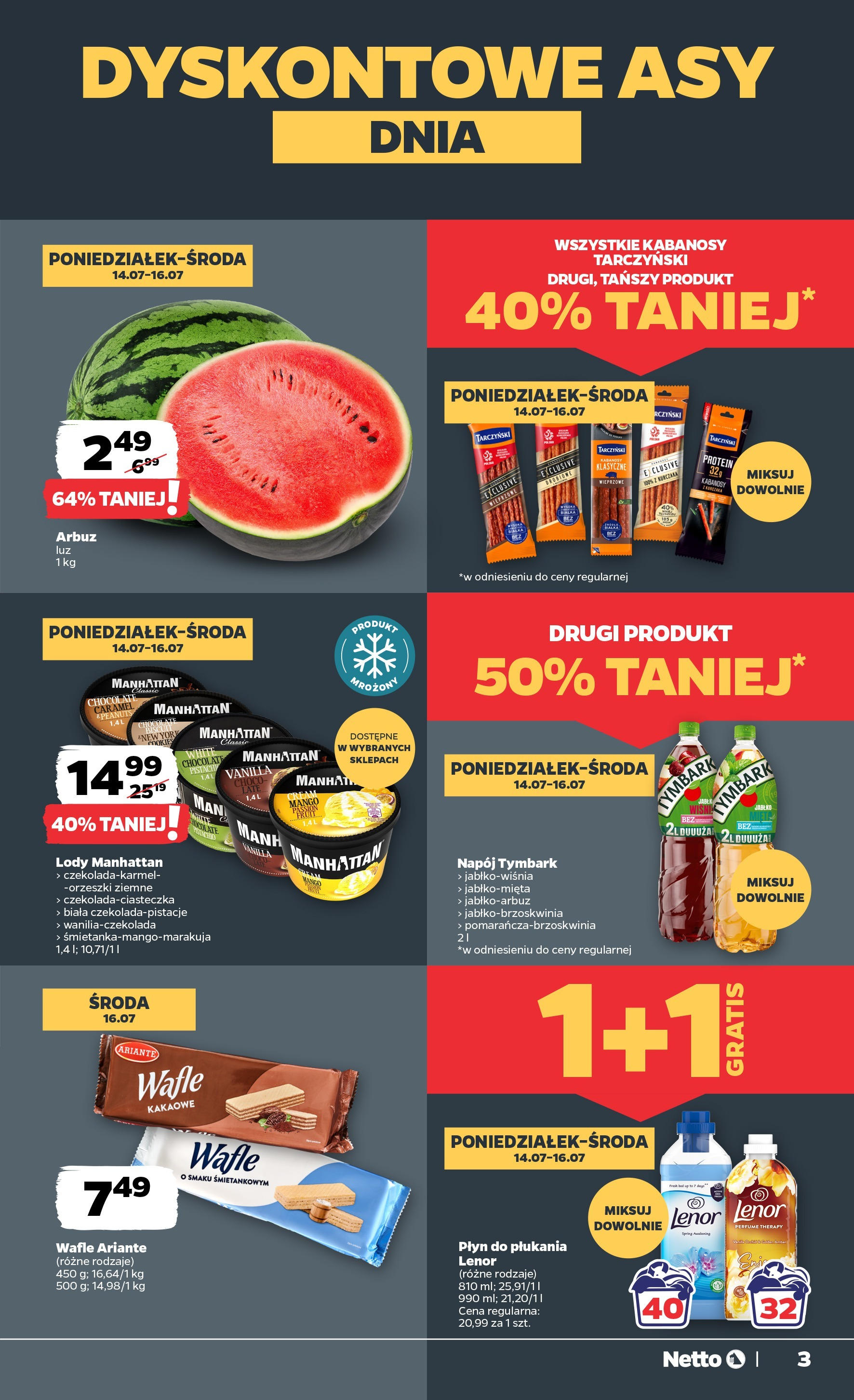 Netto gazetka - Spożywcza od 14.07.2025 - Aktualne promocje | Strona: 3 | Produkty: Arbuz, Wafle, Kabanosy, Lody manhattan
