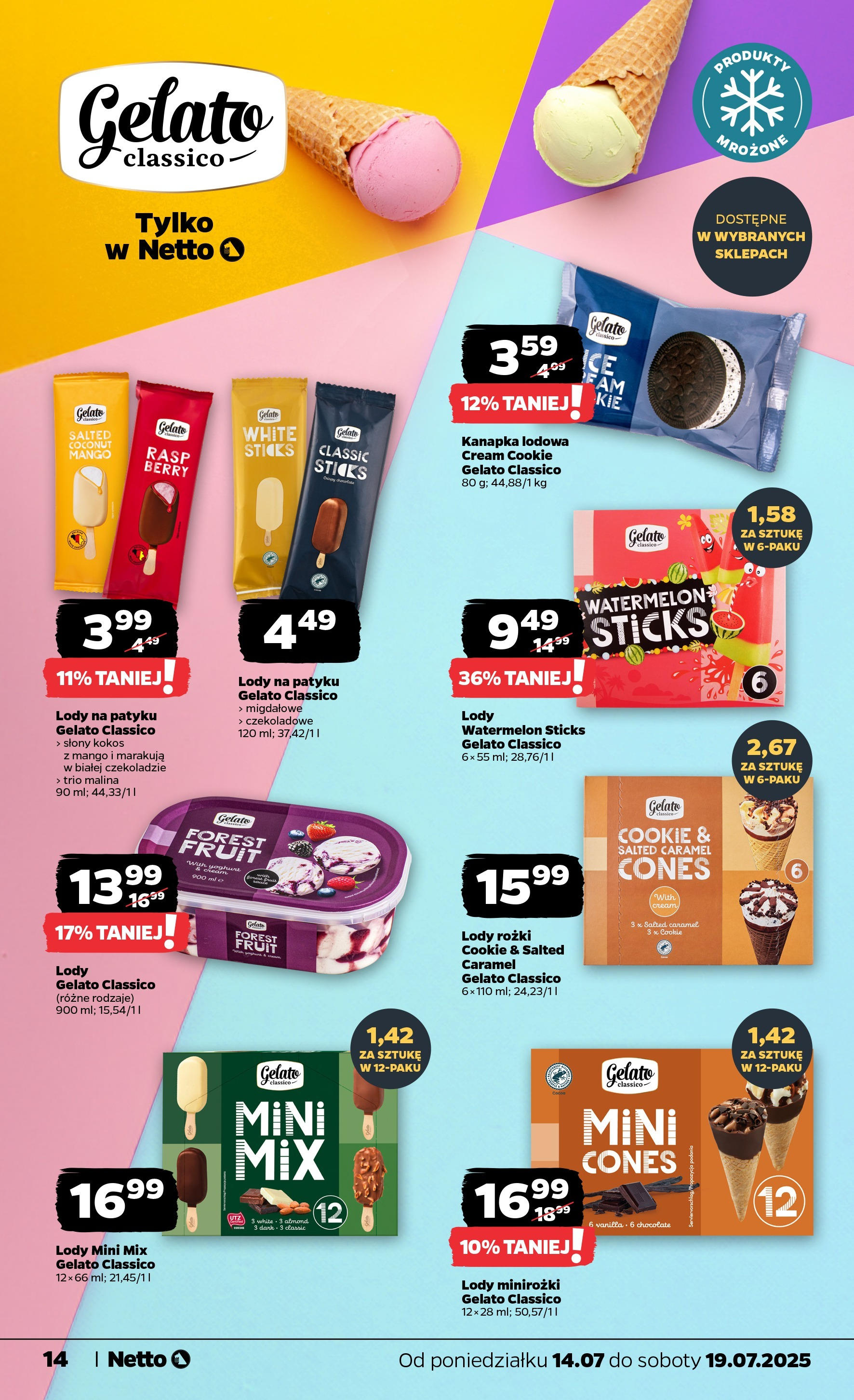 Netto gazetka - Spożywcza od 14.07.2025 - Aktualne promocje | Strona: 14 | Produkty: Lody na patyku, Lody rożki, Lody mini, Lody