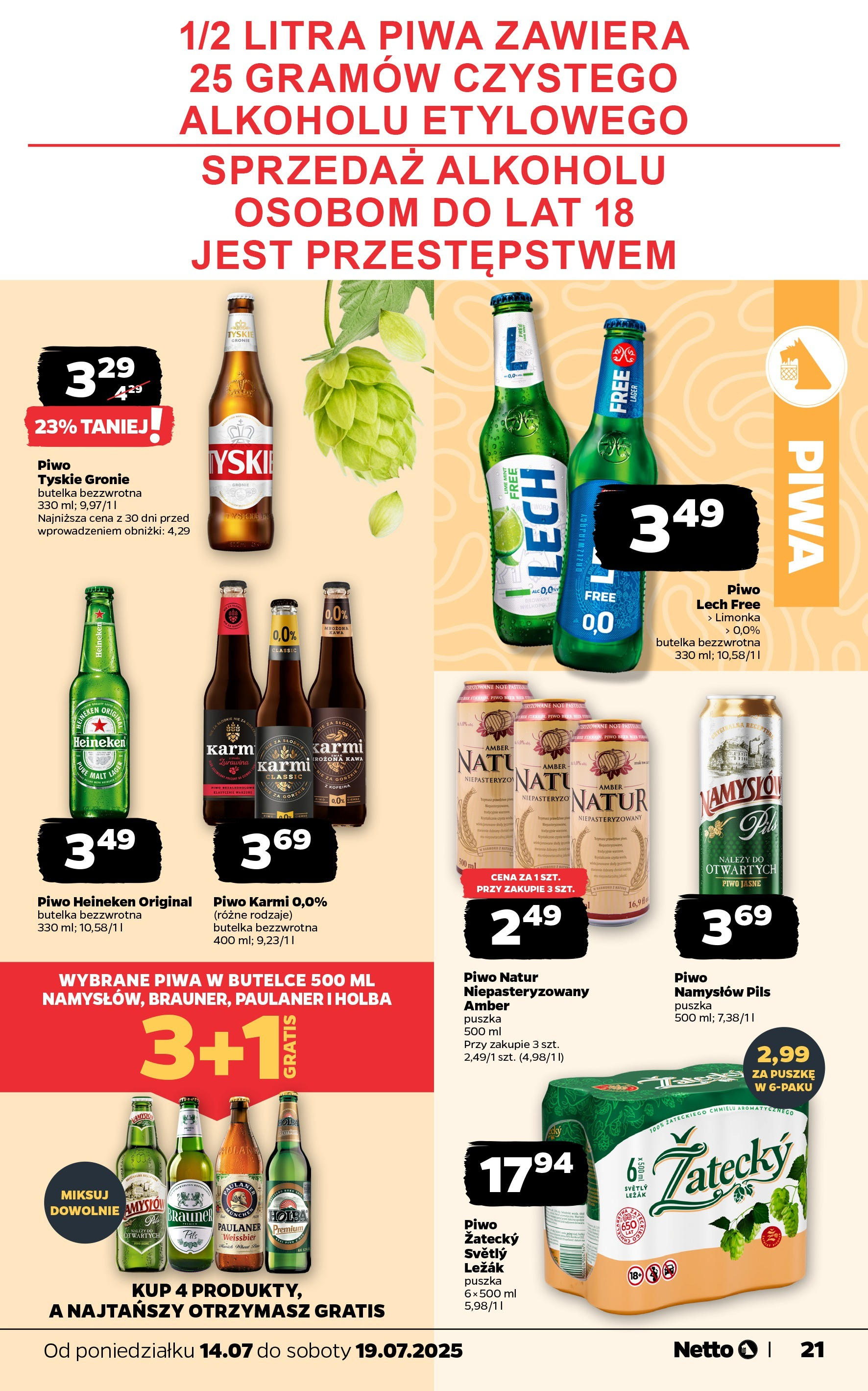 Netto gazetka - Spożywcza od 14.07.2025 - Aktualne promocje | Strona: 21 | Produkty: Leżak, Tyskie, Piwo, Heineken