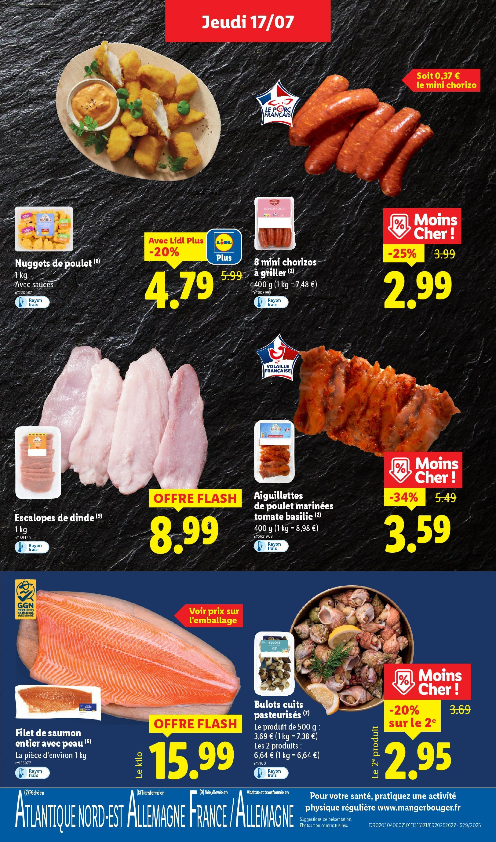 Catalogue LIDL du 16/07/2025 | Promo prospectus en ligne | Page: 7 | Produits: Chorizo, Saumon entier, Volaille, Saumon Catalogue LIDL du 16/07/2025 | Promo prospectus en ligne | Page: 7 | Produits: Chorizo, Saumon entier, Volaille, Saumon