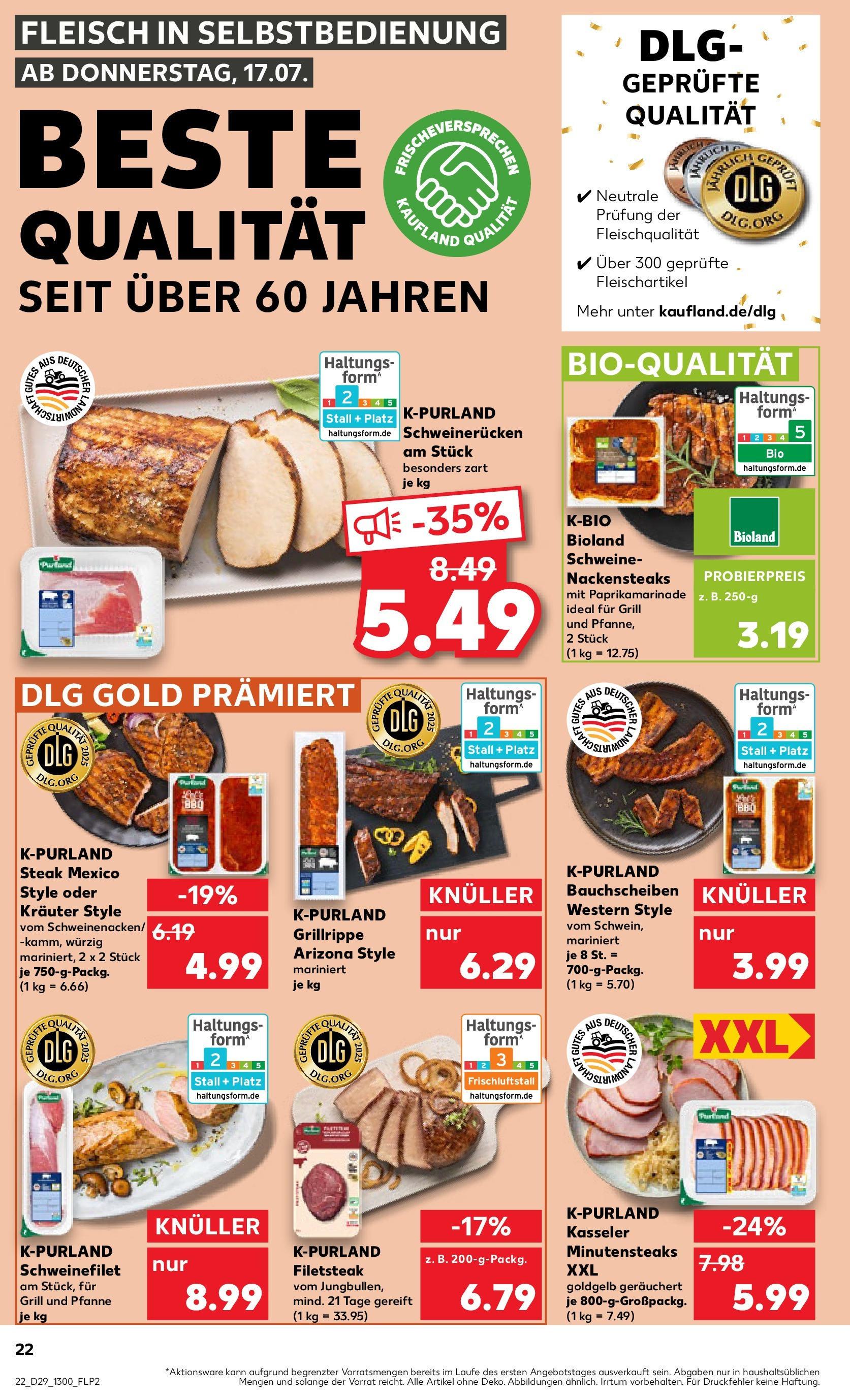 Prospekt Kaufland ab 16.07.2025 » Angebote Online zum Blättern | Seite: 22 | Produkte: Nackensteaks, Schweinefilet, Steak, Fleisch