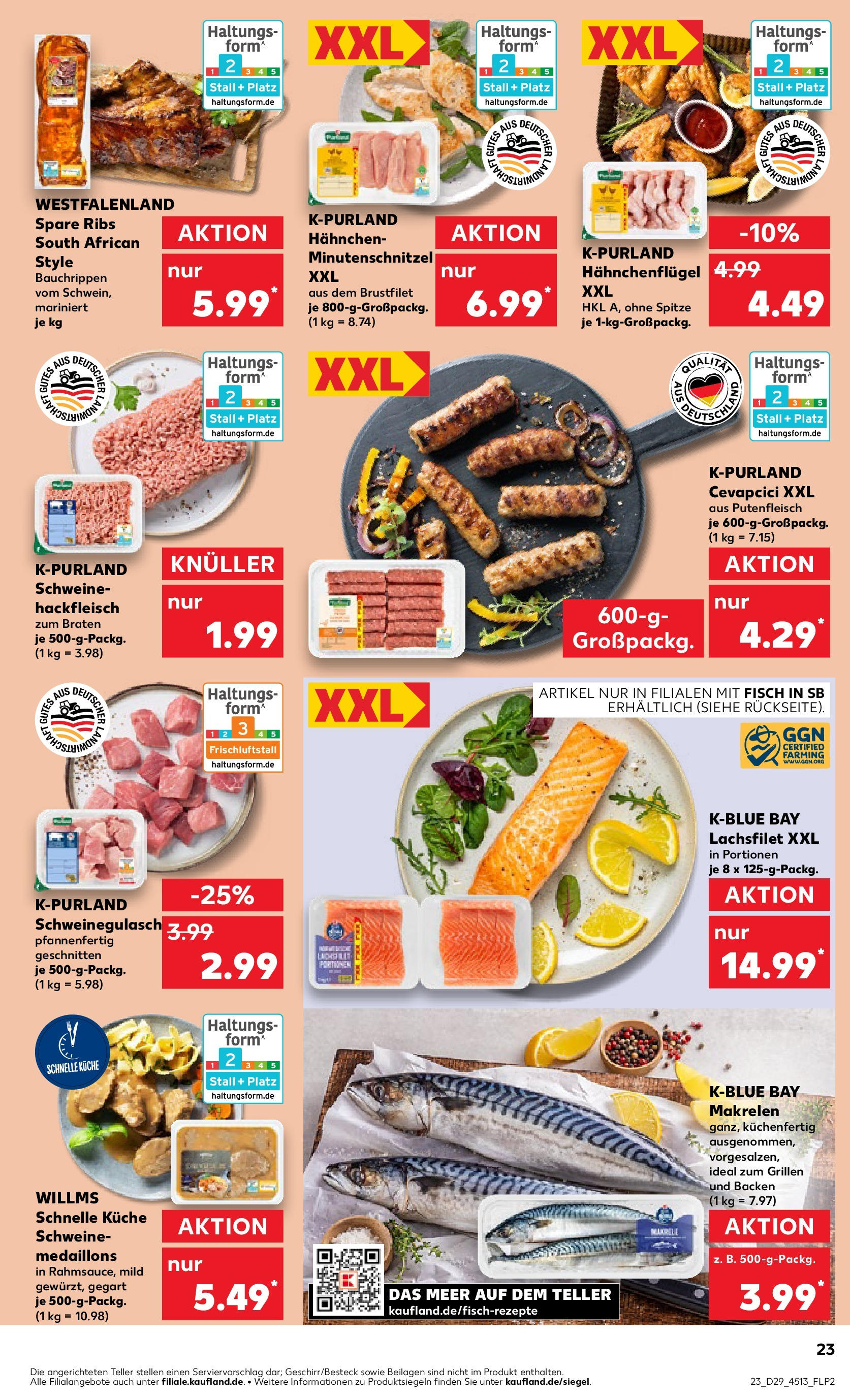 Prospekt Kaufland ab 16.07.2025 » Angebote Online zum Blättern | Seite: 23 | Produkte: Schweinegulasch, Spare ribs, Fisch, Hackfleisch