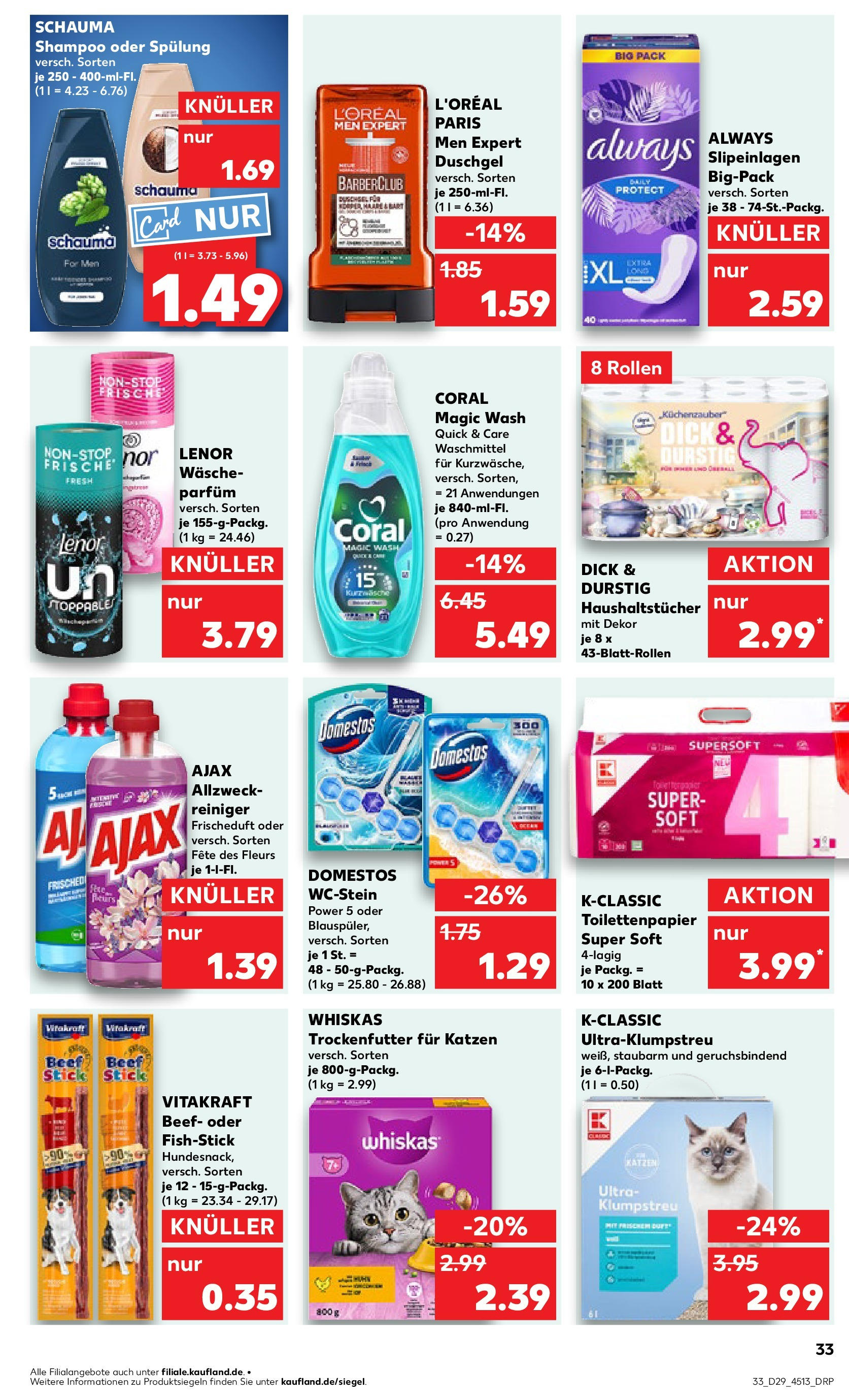 Prospekt Kaufland ab 16.07.2025 » Angebote Online zum Blättern | Seite: 33 | Produkte: Coral waschmittel, Spülung, Duschgel, Shower Gel