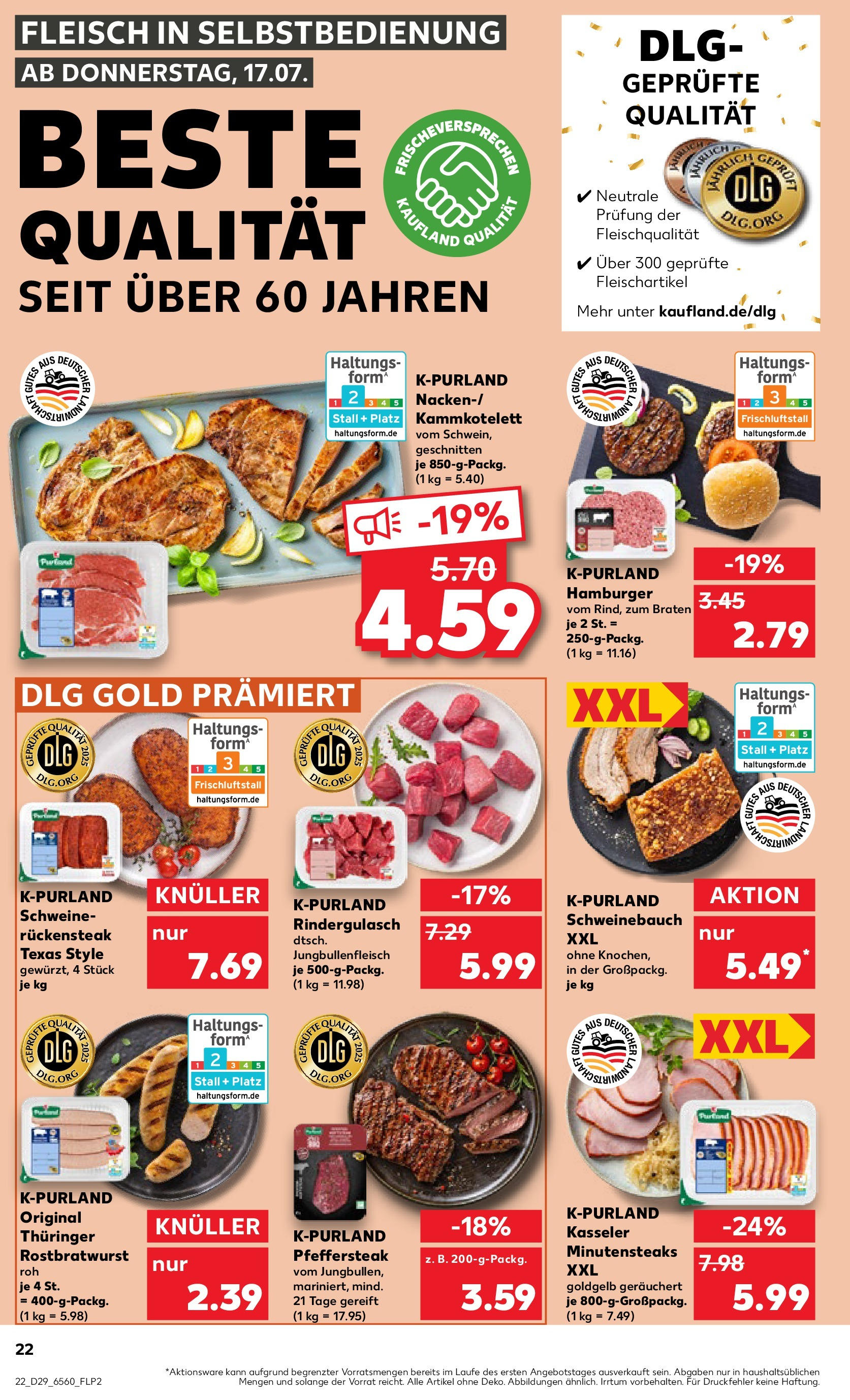 Prospekt Kaufland ab 16.07.2025 » Angebote Online zum Blättern | Seite: 22 | Produkte: Rindergulasch, Schweinebauch, Steak, Fleisch
