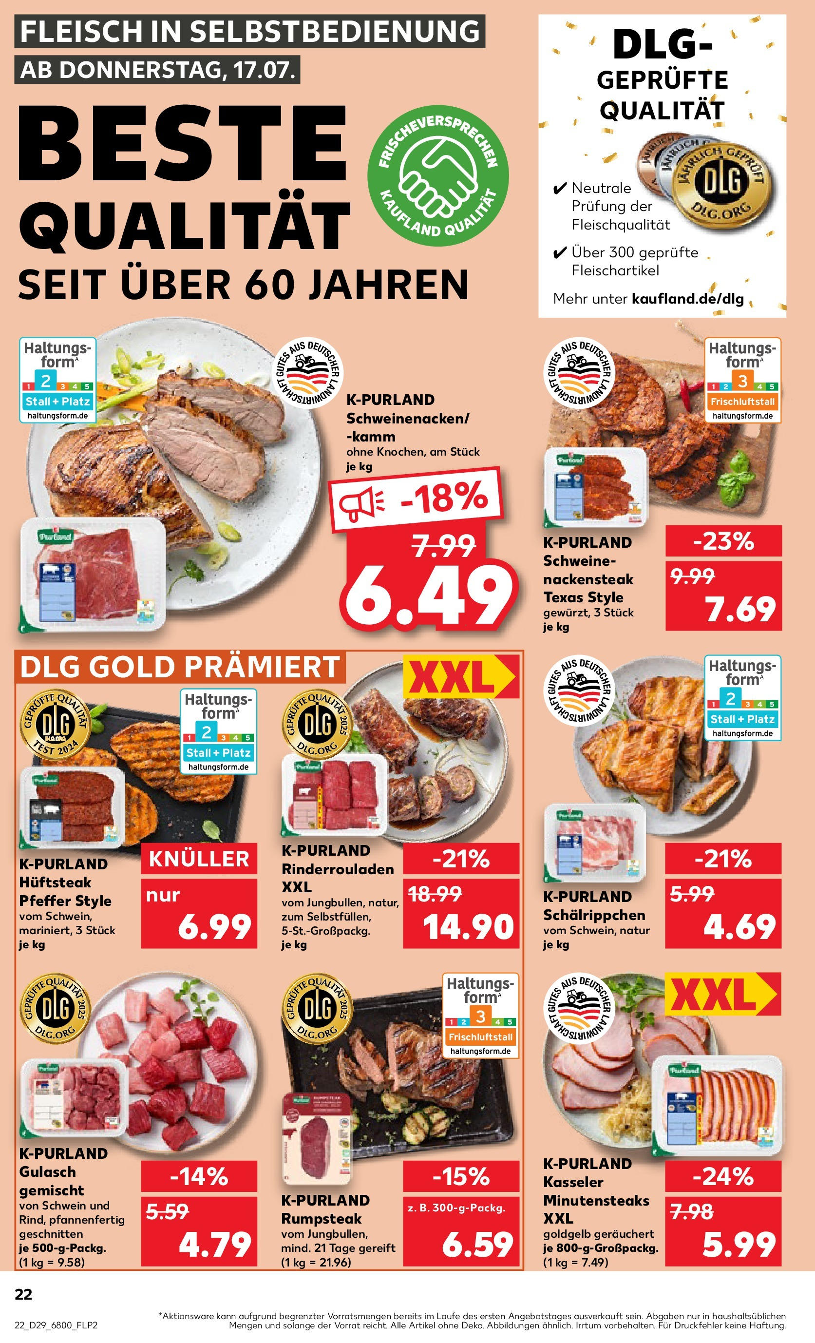 Prospekt Kaufland ab 16.07.2025 » Angebote Online zum Blättern | Seite: 22 | Produkte: Rinderrouladen, Rumpsteak, Gulasch, Fleisch