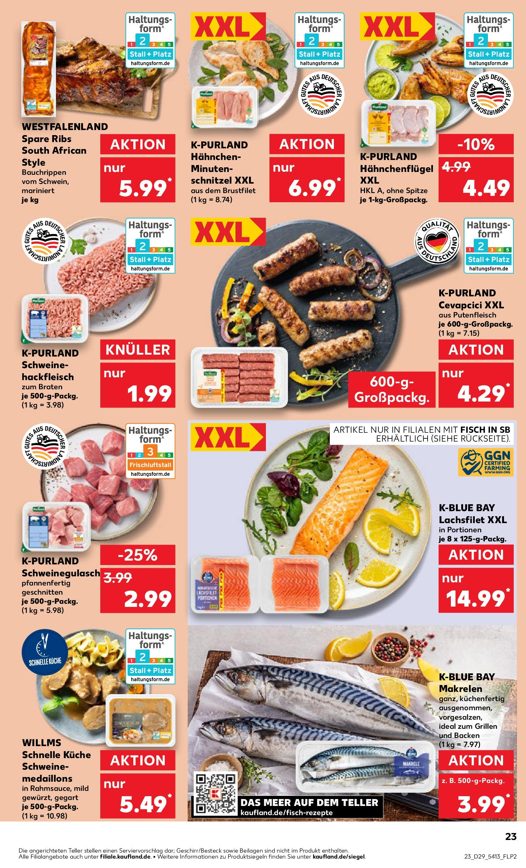 Prospekt Kaufland ab 17.07.2025 » Angebote Online zum Blättern | Seite: 23 | Produkte: Schweinegulasch, Cevapcici, Fisch, Hackfleisch