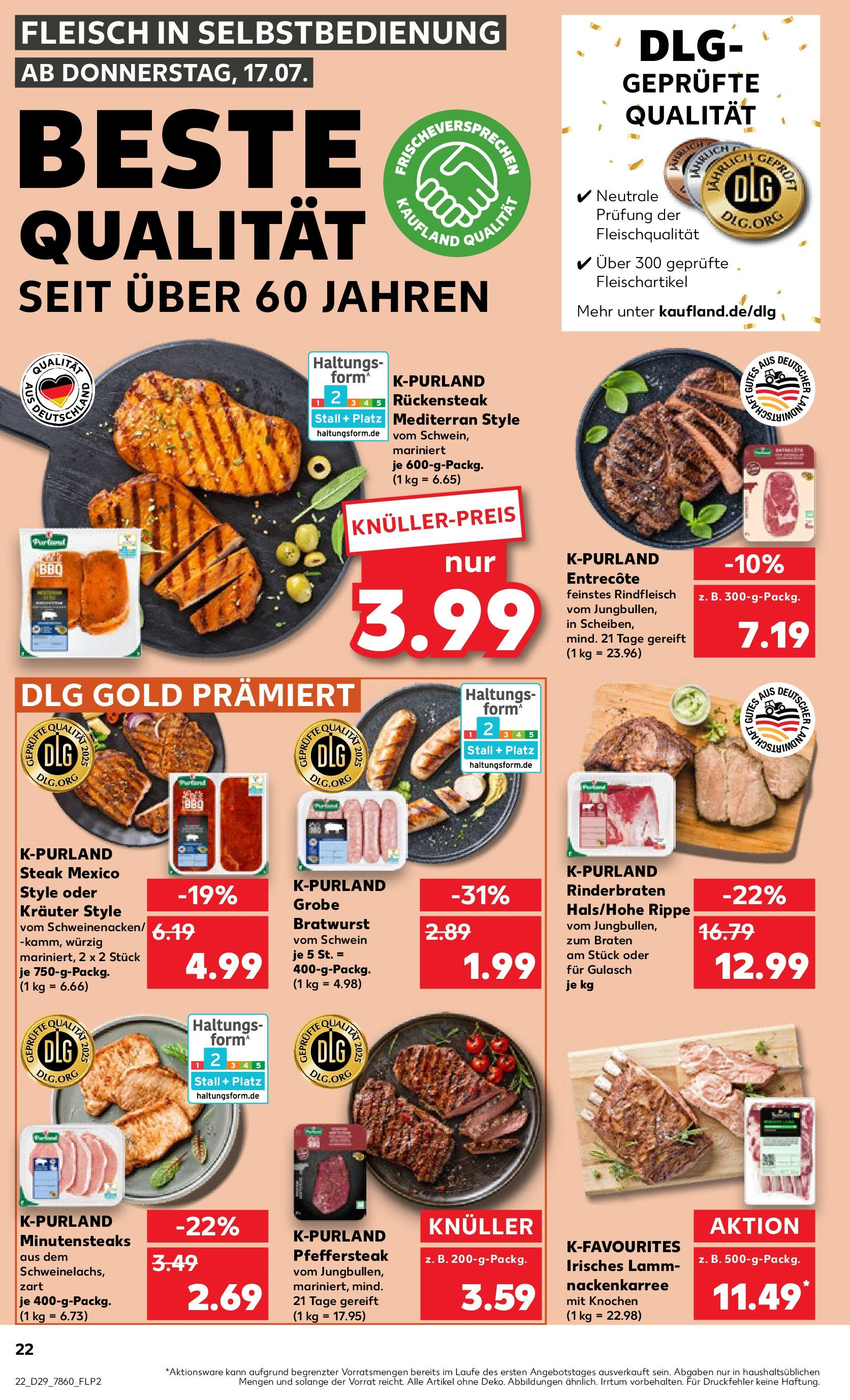 Prospekt Kaufland ab 16.07.2025 » Angebote Online zum Blättern | Seite: 22 | Produkte: Bratwurst, Entrecote, Gulasch, Steak