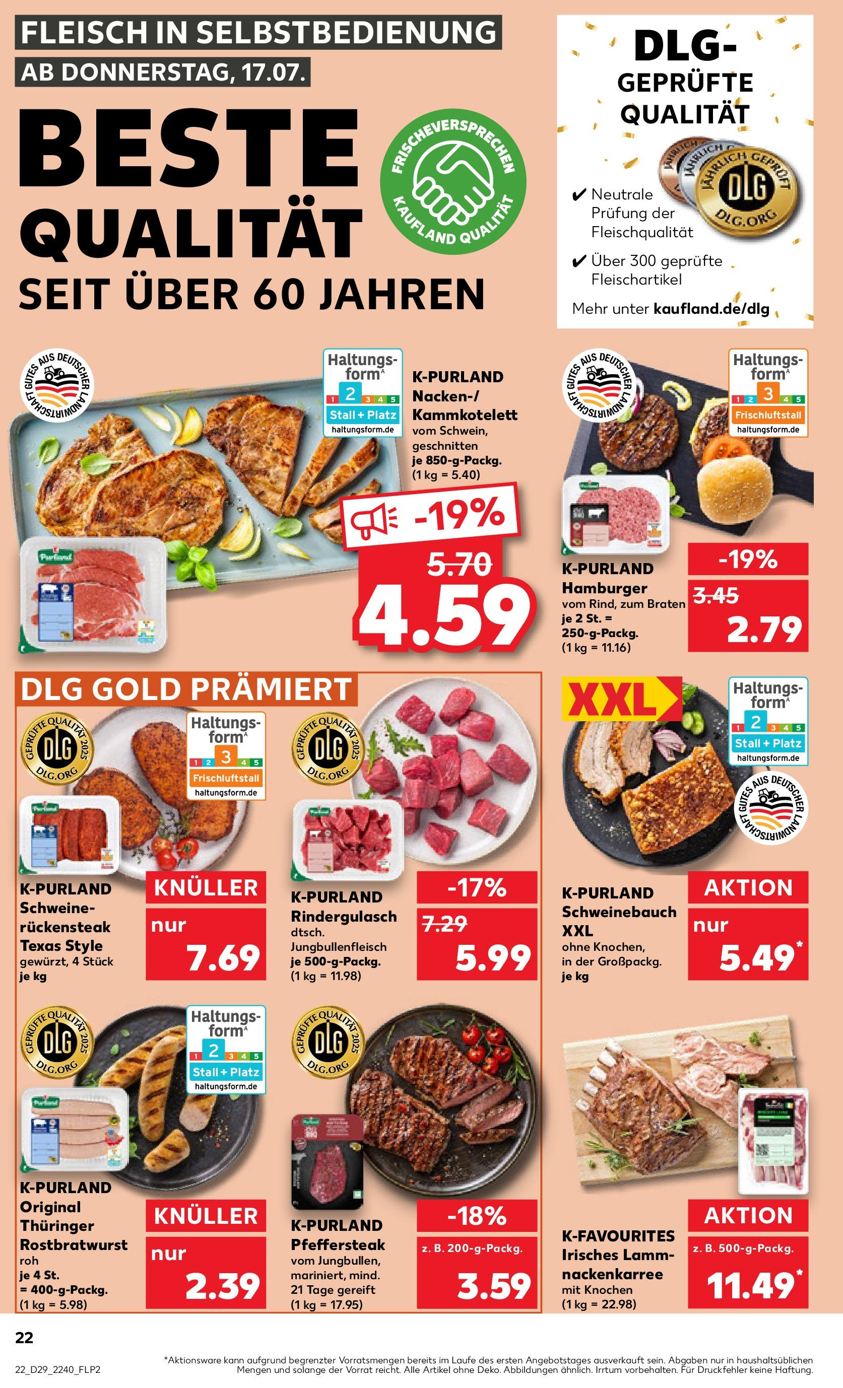 Prospekt Kaufland ab 16.07.2025 » Angebote Online zum Blättern | Seite: 22 | Produkte: Rindergulasch, Schweinebauch, Fleisch