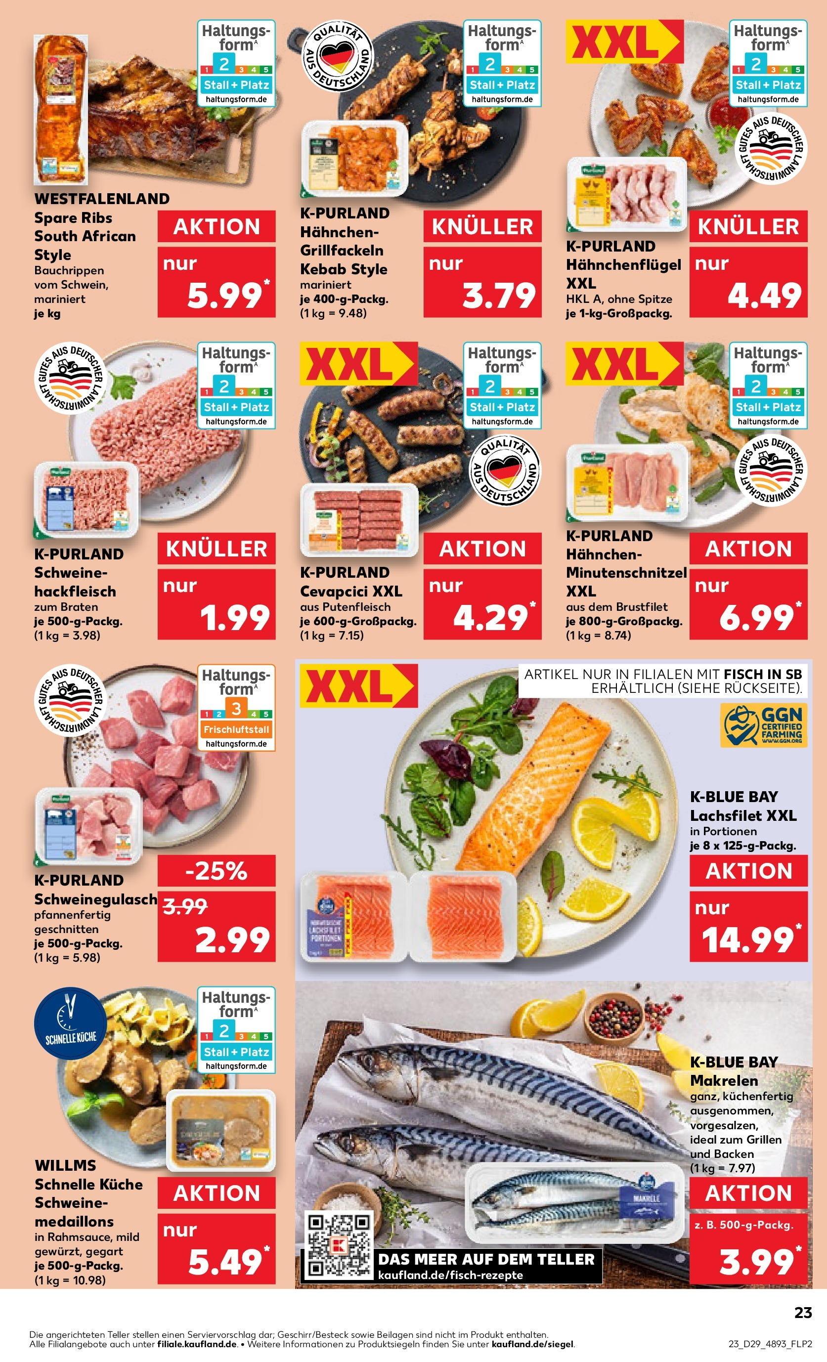 Prospekt Kaufland ab 16.07.2025 » Angebote Online zum Blättern | Seite: 23 | Produkte: Schweinegulasch, Spare ribs, Cevapcici, Fisch
