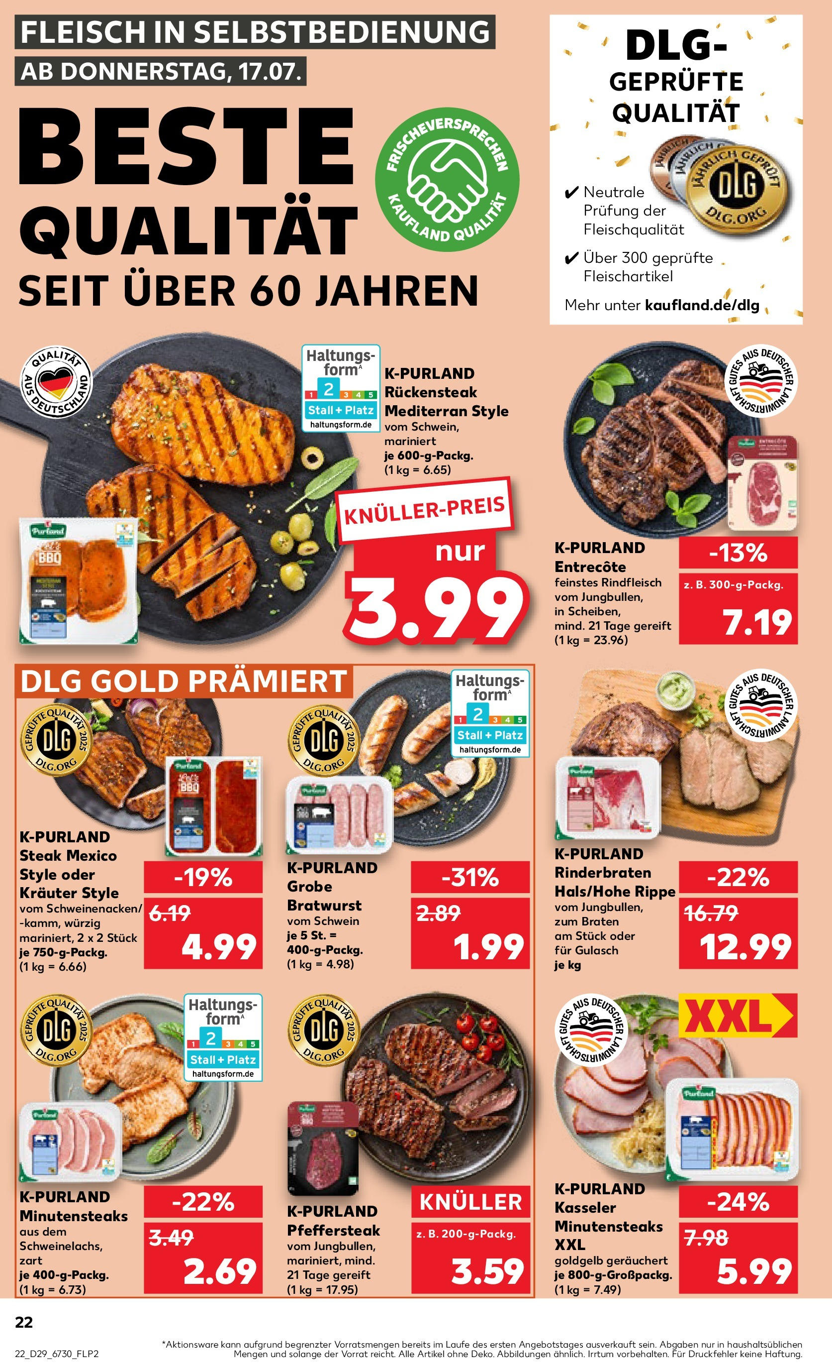 Prospekt Kaufland ab 16.07.2025 » Angebote Online zum Blättern | Seite: 22 | Produkte: Bratwurst, Entrecote, Gulasch, Rindfleisch