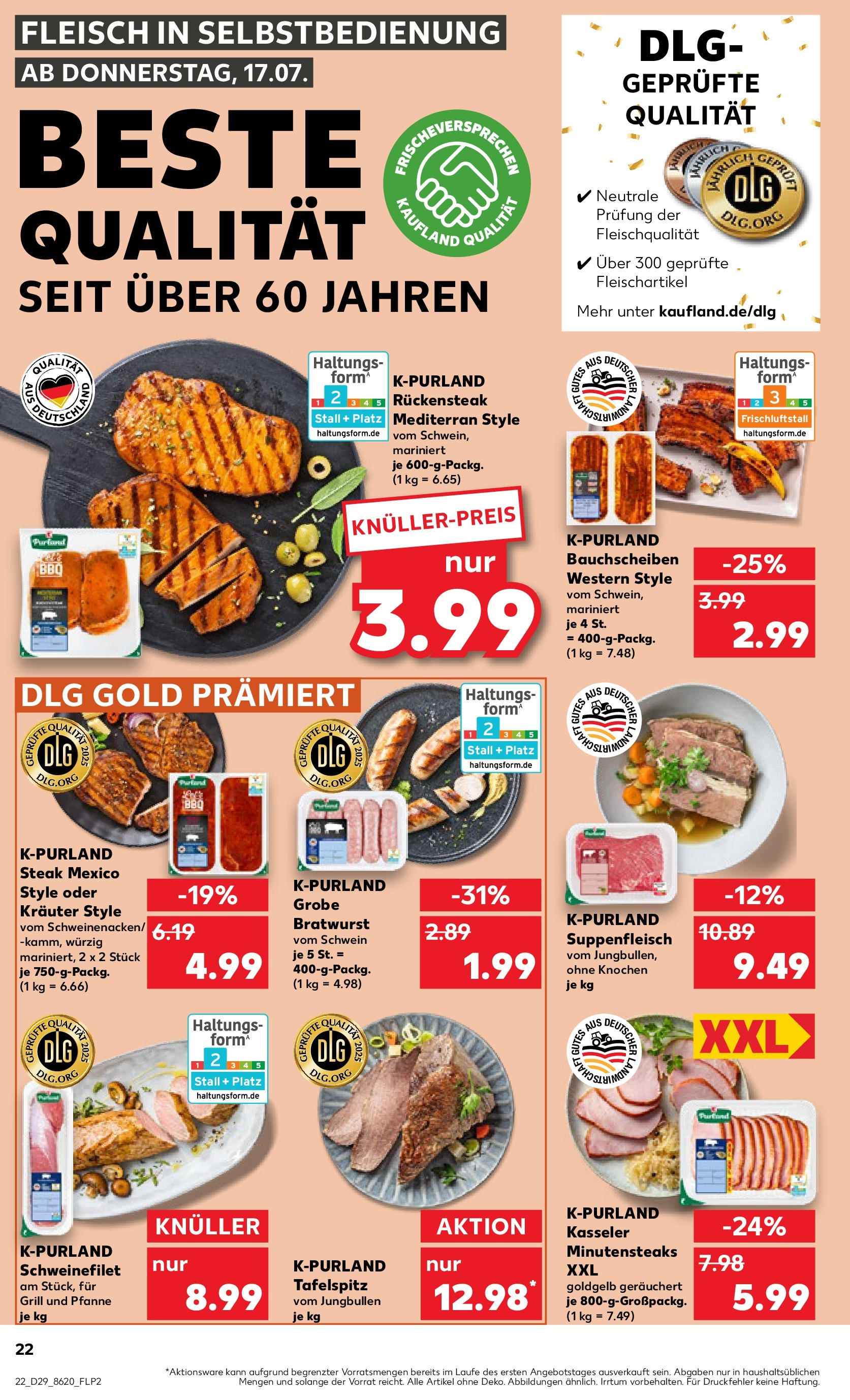 Prospekt Kaufland ab 17.07.2025 » Angebote Online zum Blättern | Seite: 22 | Produkte: Schweinefilet, Suppenfleisch, Steak, Fleisch
