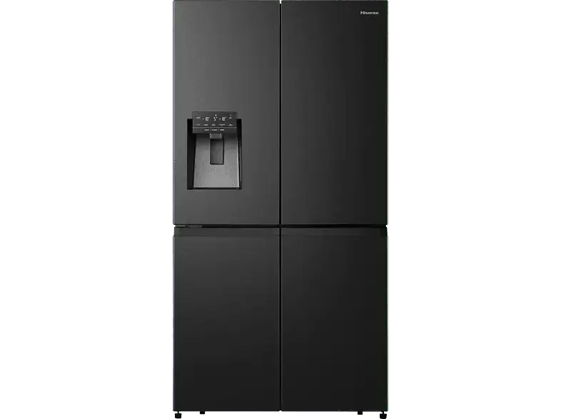 Hisense RQ760N4SBFE Cross Door, Side by Side, Kühl- und Gefrierkombination (584 l, E, 1785 mm hoch, No Frost (verminderte Eisbildung), Gebürstetes Metall, Schwarz)