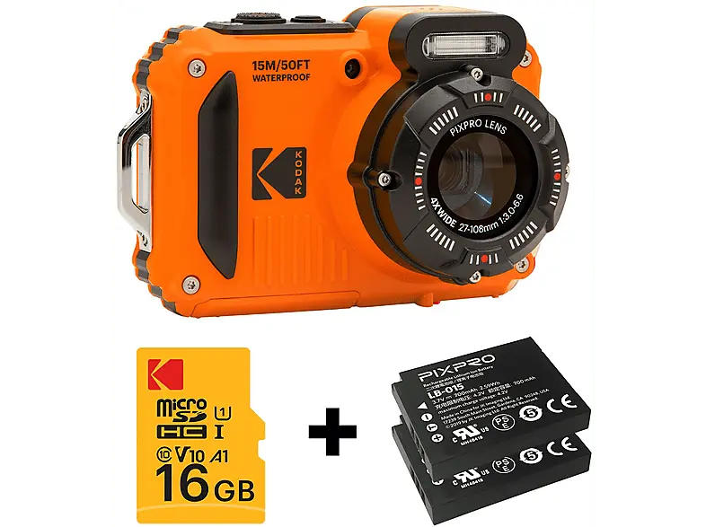 Kodak Pixpro WPZ2 Unterwasserkamera mit 2x Akku und 16 GB Speicherkarte, Orange; Kompaktkamera
