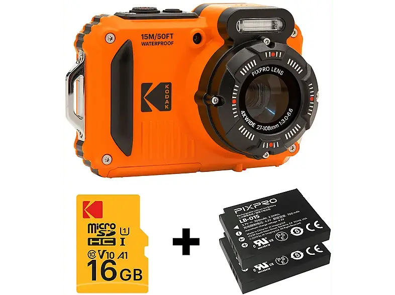 Kodak Pixpro WPZ2 Unterwasserkamera mit 2x Akku und 16 GB Speicherkarte, Orange; Kompaktkamera