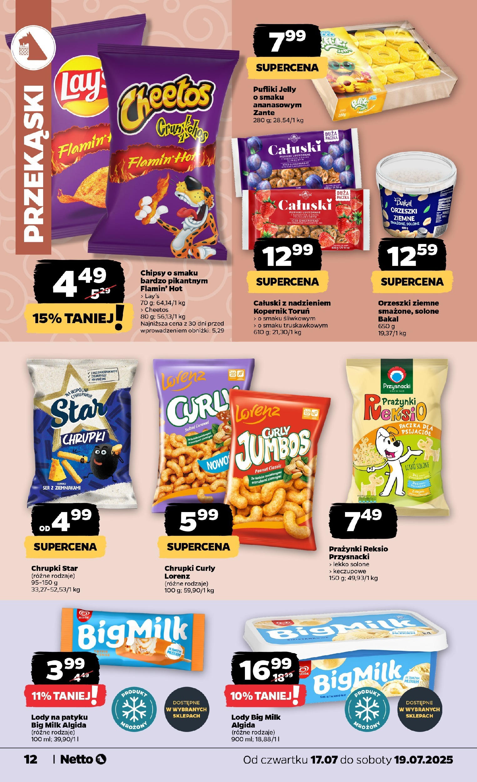 Netto gazetka - Spożywcza od 17.07.2025 - Aktualne promocje | Strona: 12 | Produkty: Chrupki, Big Milk, Orzeszki ziemne, Lody