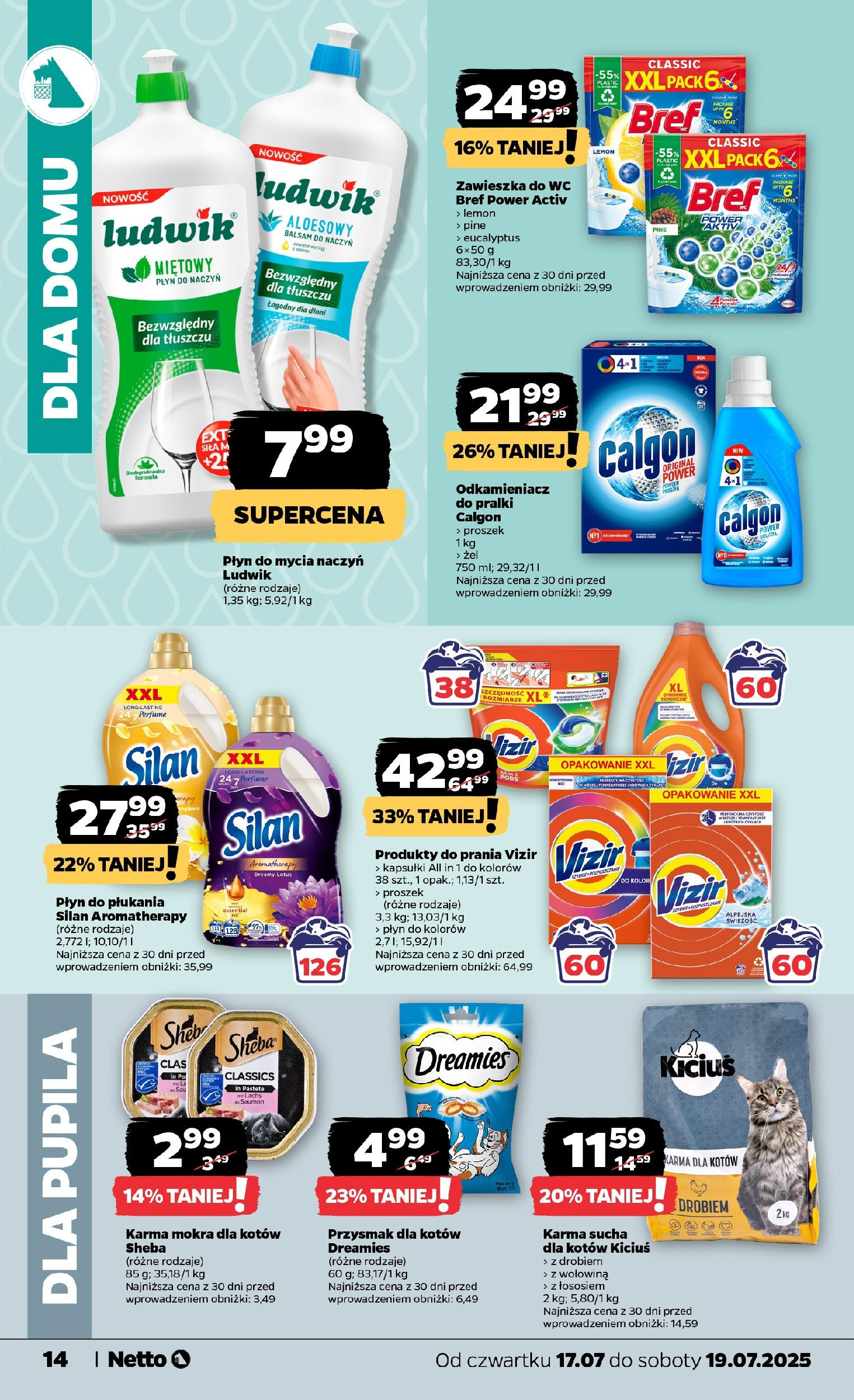 Netto gazetka - Spożywcza od 17.07.2025 - Aktualne promocje | Strona: 14 | Produkty: Calgon, Karma dla kotów, Wołowina, Płyn do mycia naczyń