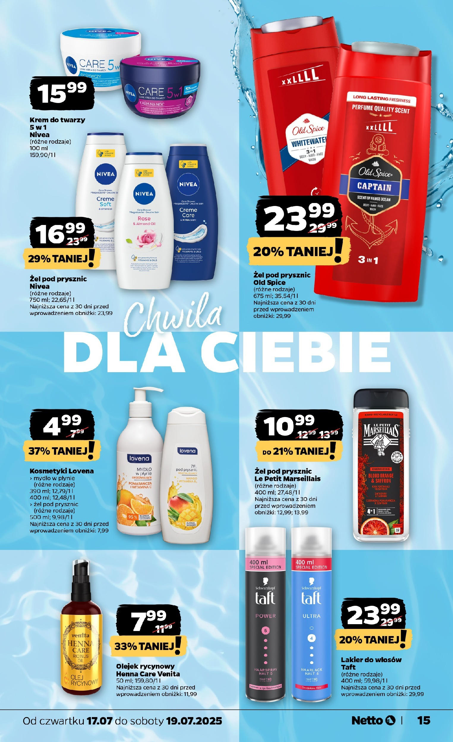Netto gazetka - Spożywcza od 17.07.2025 - Aktualne promocje | Strona: 15 | Produkty: Kosmetyki, Prysznic, Old spice, Krem do twarzy