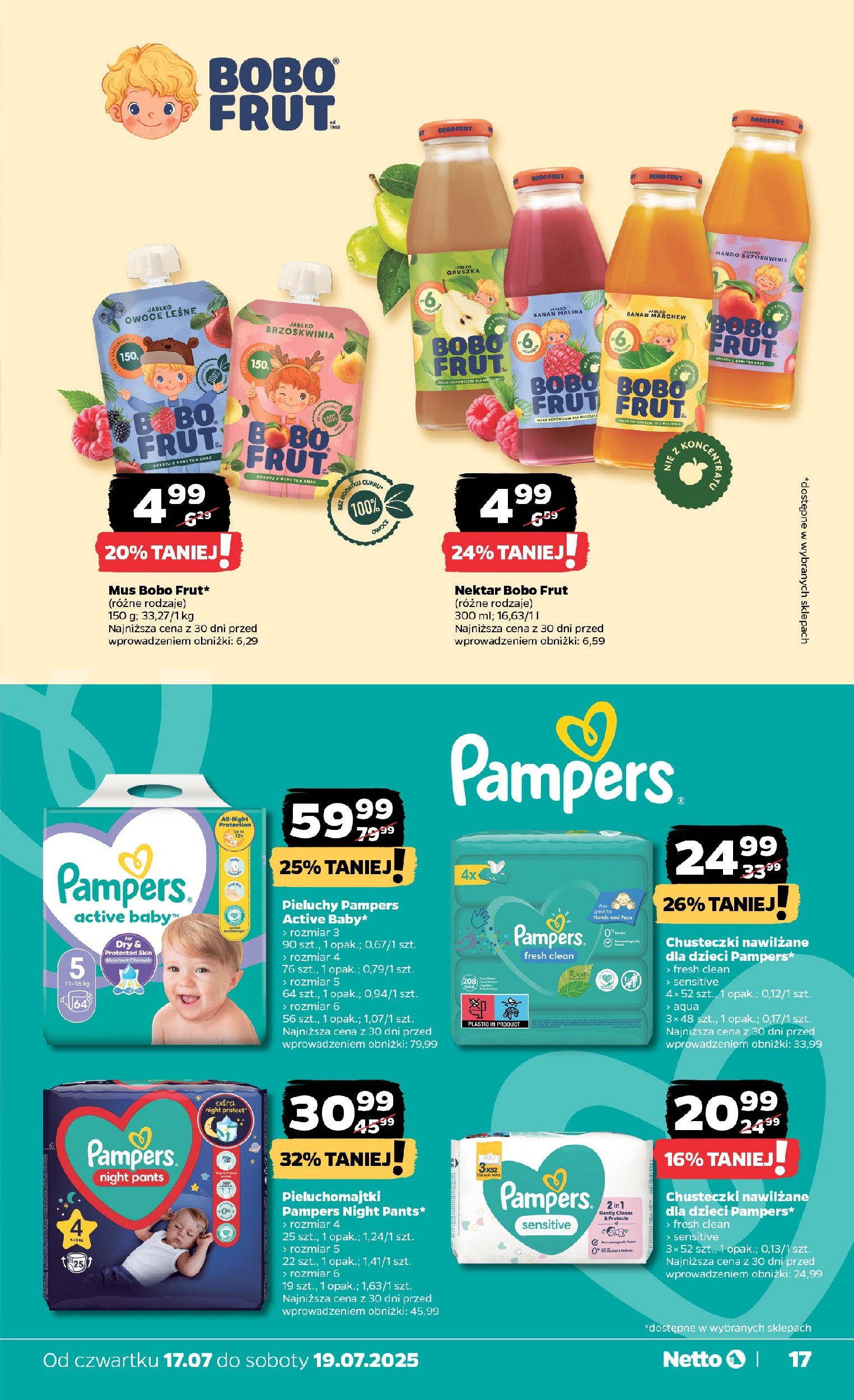 Netto gazetka - Spożywcza od 17.07.2025 - Aktualne promocje | Strona: 17 | Produkty: Pampers, Pieluchomajtki, Bobo frut, Banan