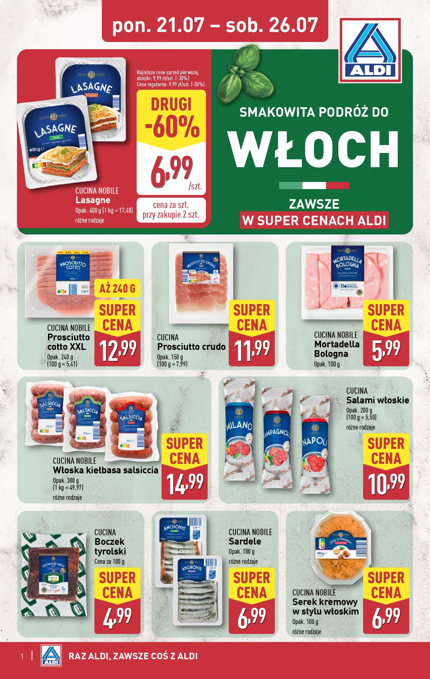 Aldi Gazetka - Tydzień Włoski od 21.07.2025 - Ulotka PDF, promocje | Strona: 1 | Produkty: Kiełbasa, Serek, Prosciutto, Salami