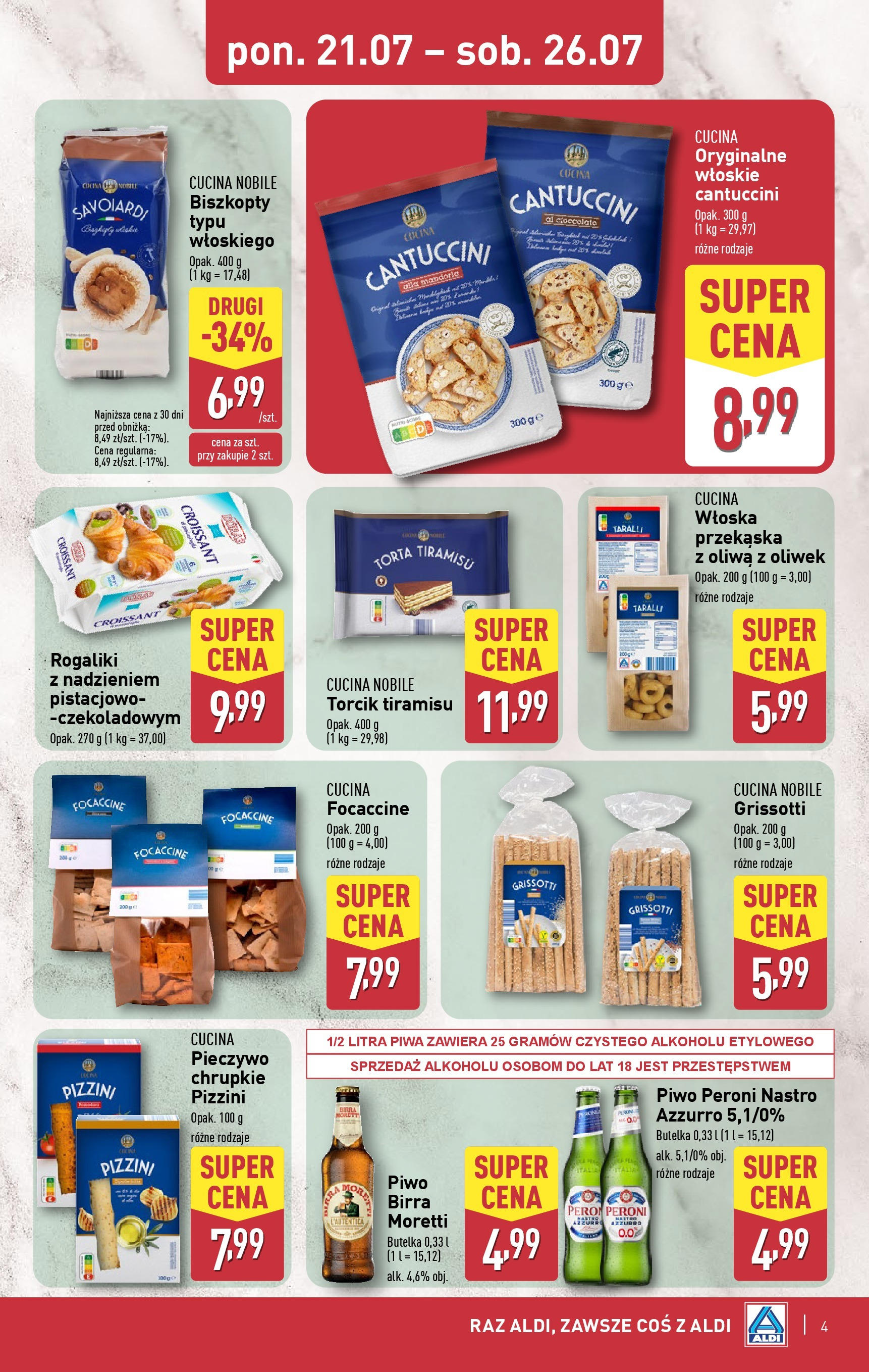 Aldi Gazetka - Tydzień Włoski od 21.07.2025 - Ulotka PDF, promocje | Strona: 4 | Produkty: Oliwa z oliwek, Tiramisu, Cantuccini, Piwo