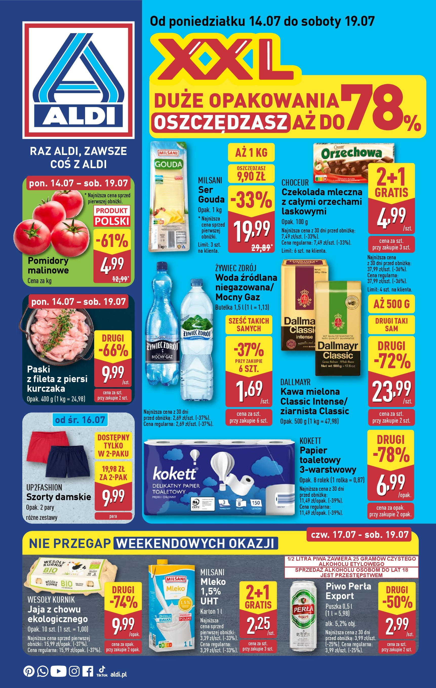 Aldi Gazetka od 14.07.2025 - Ulotka PDF, promocje | Strona: 1 | Produkty: Szorty, Mleko, Kawa, Woda