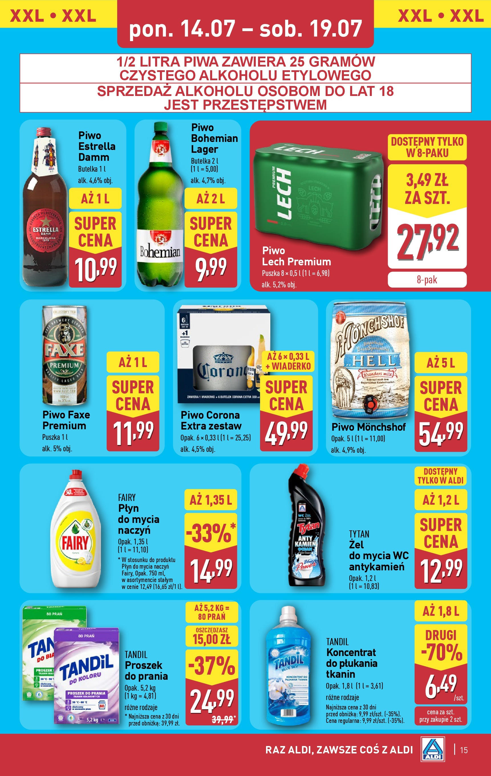 Aldi Gazetka od 14.07.2025 - Ulotka PDF, promocje | Strona: 15 | Produkty: Piwo, Fairy, Proszek do prania, Płyn do mycia naczyń