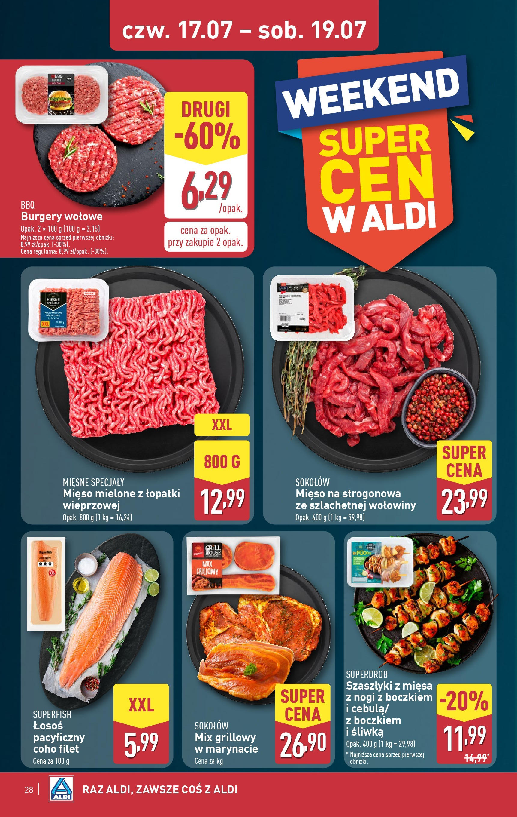 Aldi Gazetka od 14.07.2025 - Ulotka PDF, promocje | Strona: 28 | Produkty: Grill, Mięso mielone, Łosoś, Burgery wolowe