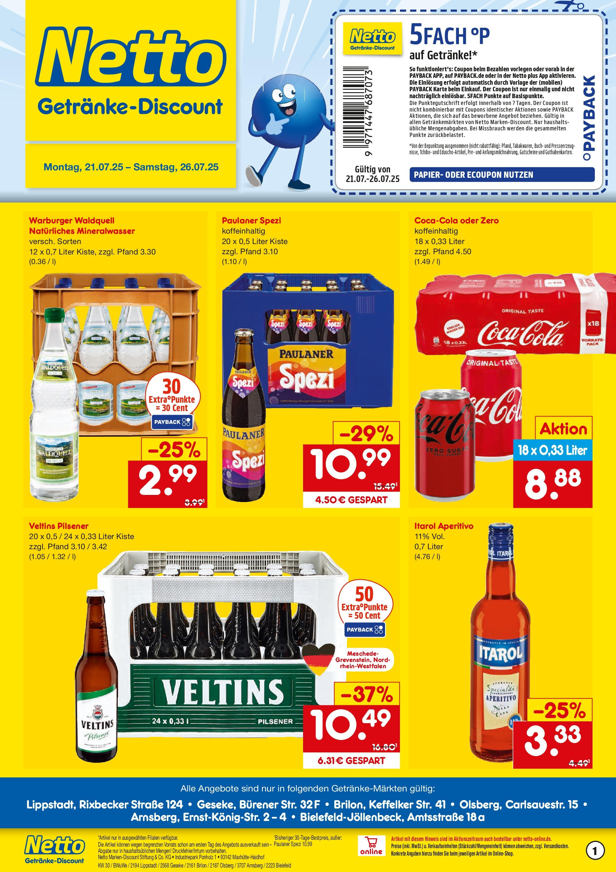 Netto Marken-Discount prospekt Olsberg	 (ab 21.07.2025) » Angebote | Seite: 1 | Produkte: Paulaner spezi, Mineralwasser, Paulaner, Veltins