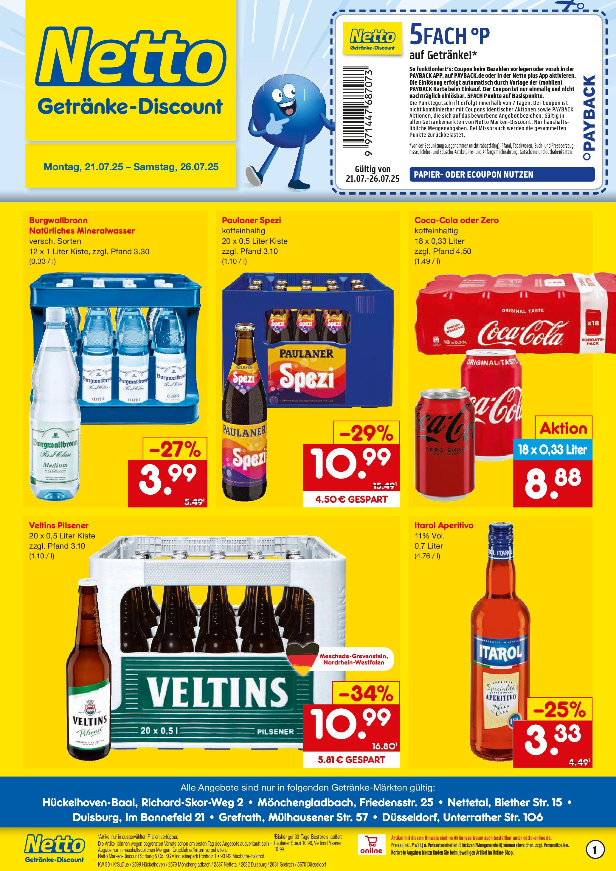 Netto Marken-Discount prospekt Duisburg	 (ab 21.07.2025) » Angebote | Seite: 1 | Produkte: Paulaner spezi, Mineralwasser, Paulaner, Veltins