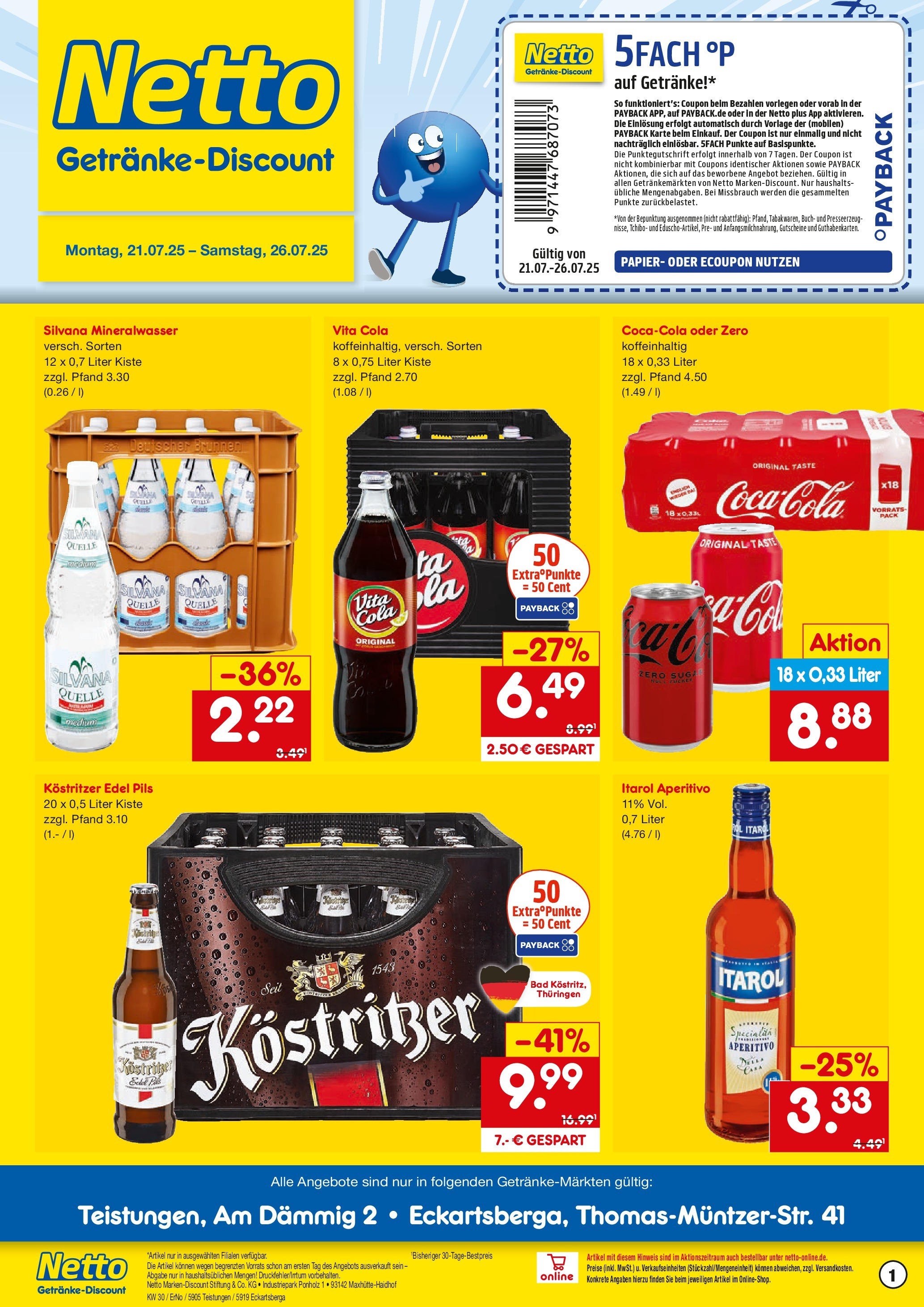 Netto Marken-Discount prospekt Eckartsberga	 (ab 21.07.2025) » Angebote | Seite: 1 | Produkte: Cola, Bad, Pils, Vita cola