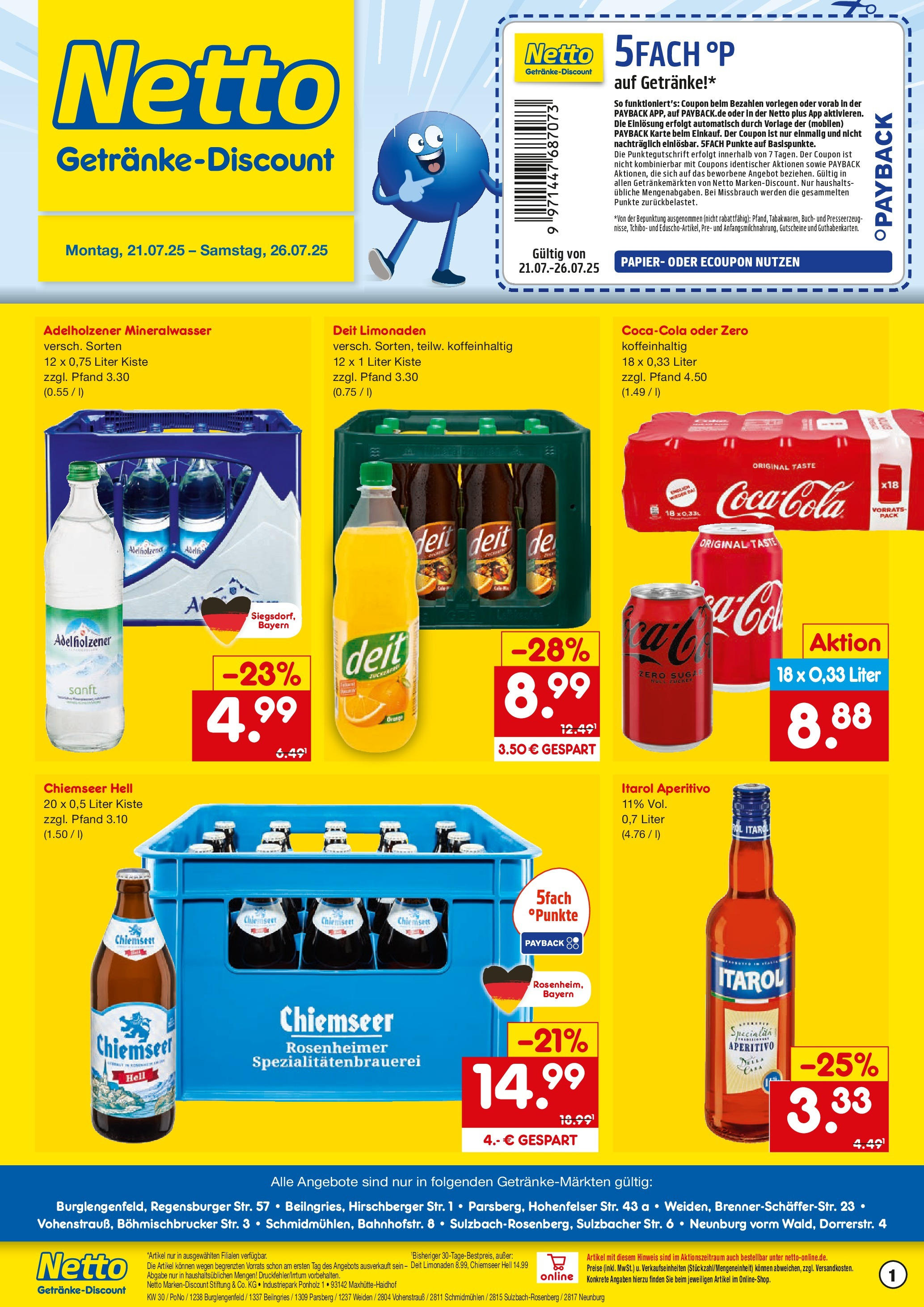 Netto Marken-Discount prospekt Schmidmühlen	 (ab 21.07.2025) » Angebote | Seite: 1 | Produkte: Adelholzener, Mineralwasser