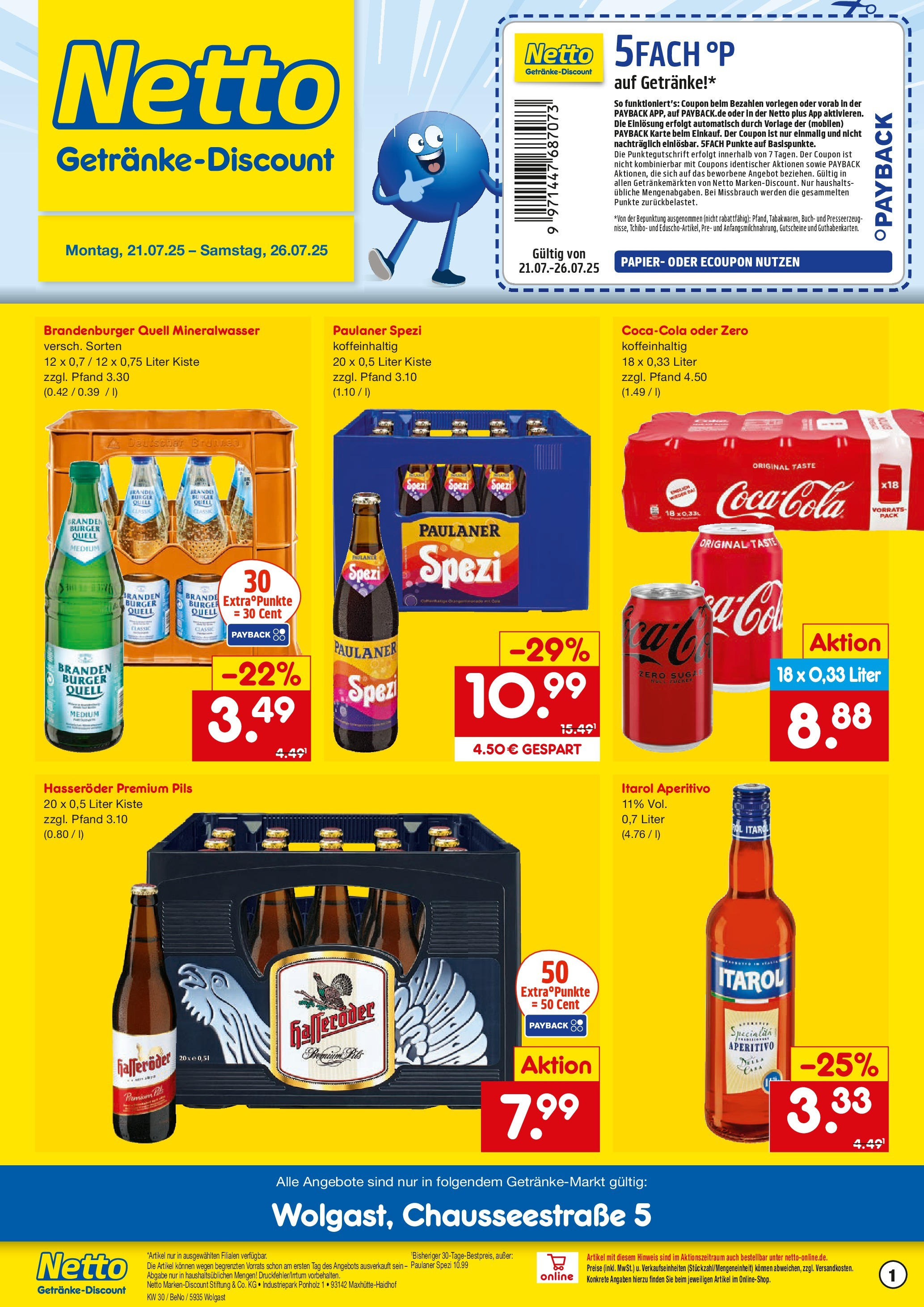 Netto Marken-Discount prospekt Wolgast	 (ab 21.07.2025) » Angebote | Seite: 1 | Produkte: Burger, Mineralwasser, Hasseröder, Paulaner