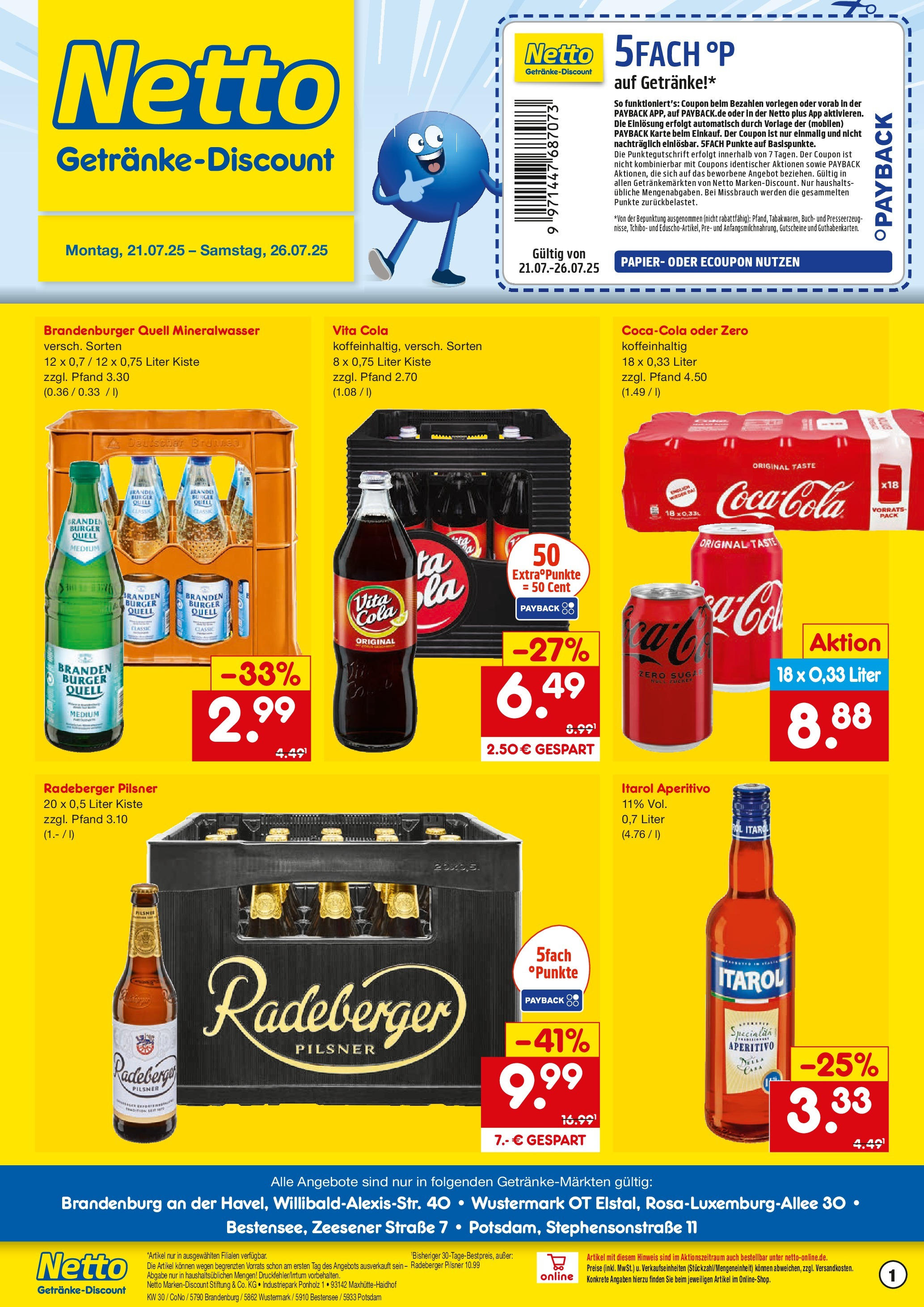 Netto Marken-Discount prospekt Brandenburg An Der Havel	 (ab 21.07.2025) » Angebote | Seite: 1 | Produkte: Burger, Mineralwasser, Vita cola, Radeberger pilsner