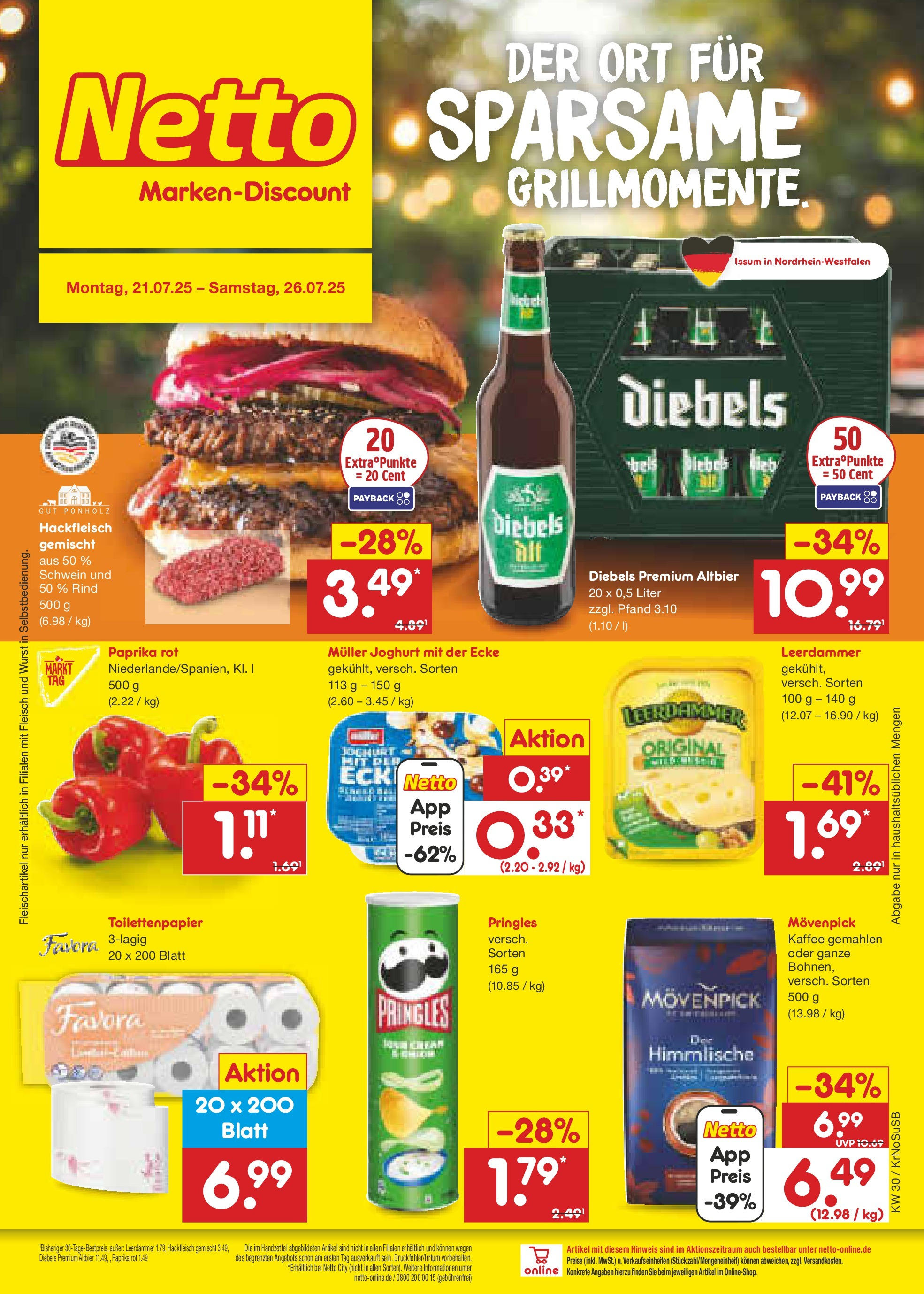 Netto Marken-Discount prospekt Duisburg	 (ab 21.07.2025) » Angebote | Seite: 1 | Produkte: Kaffee, Diebels, Pringles, Toilettenpapier