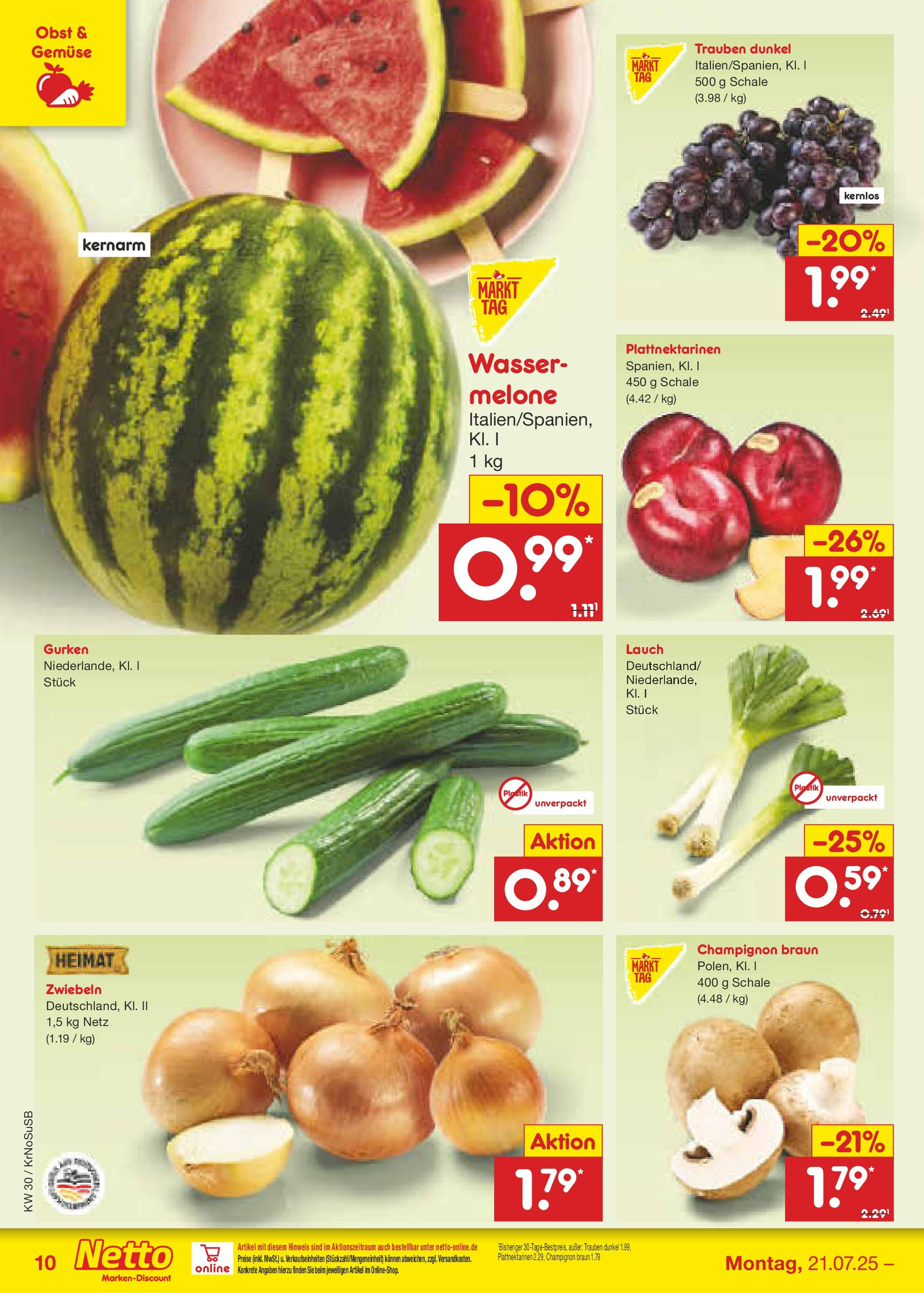Netto Marken-Discount prospekt Duisburg	 (ab 21.07.2025) » Angebote | Seite: 12 | Produkte: Trauben, Zwiebeln, Wasser, Gurken