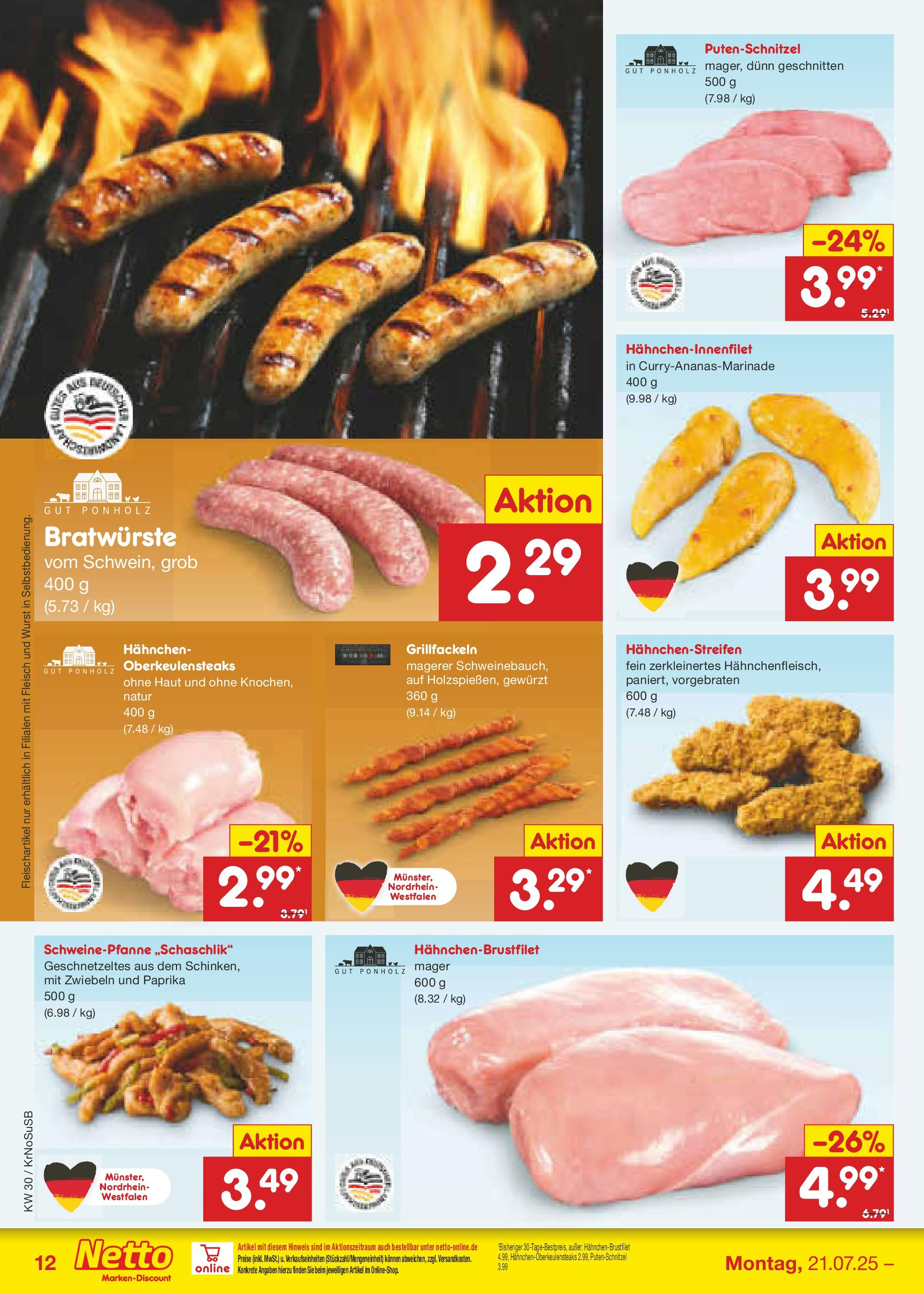 Netto Marken-Discount prospekt Duisburg	 (ab 21.07.2025) » Angebote | Seite: 16 | Produkte: Hahnchen, Zwiebeln, Wurst, Fleisch